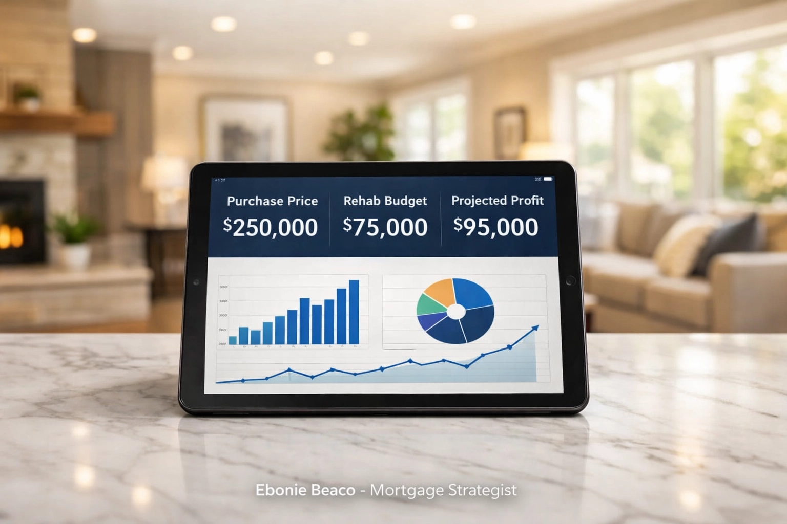 Financial dashboard showing fix and flip loan profit projections in a renovated kitchen.