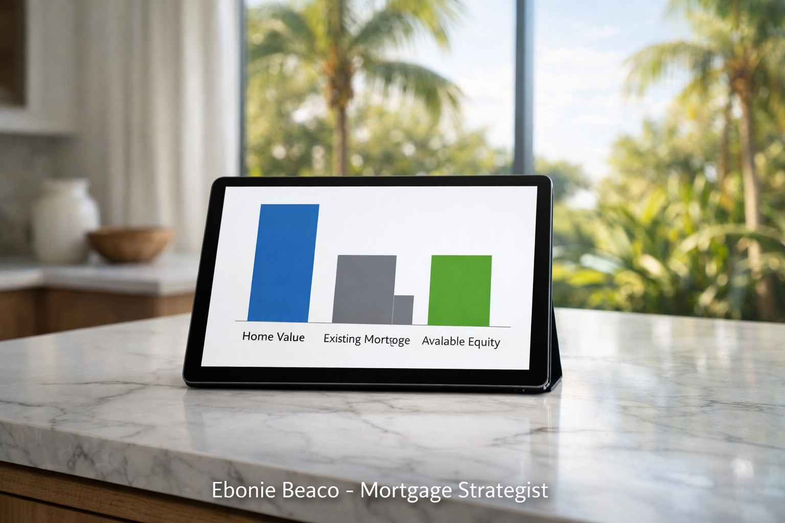 Financial chart on a tablet calculating Florida home equity and HELOC limits based on loan-to-value.