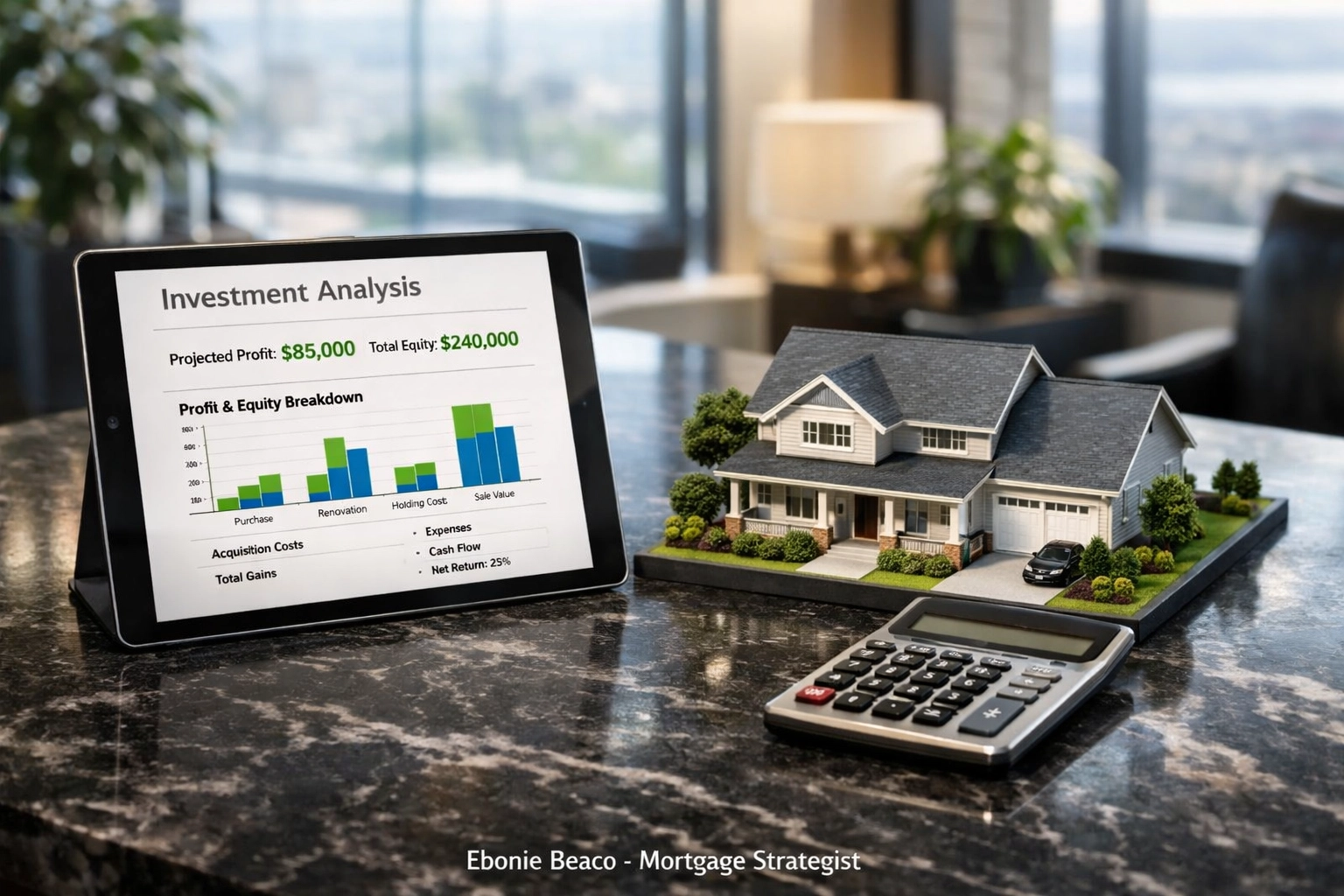 Financial tools and charts used to calculate wholesale profit and analyze real estate investment deals.