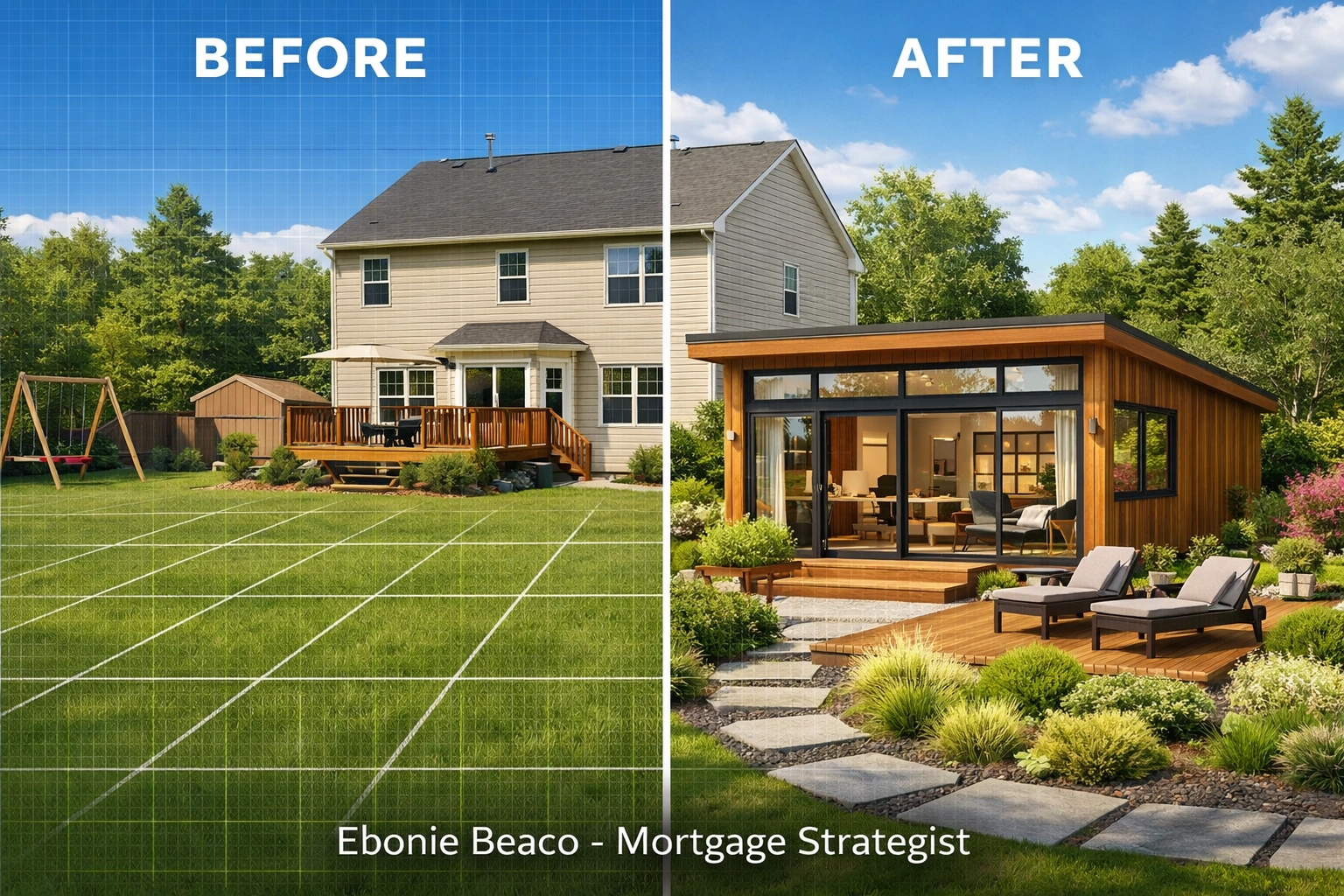 Side-by-side view of a Virginia property showing an ADU addition funded by a home equity line of credit.