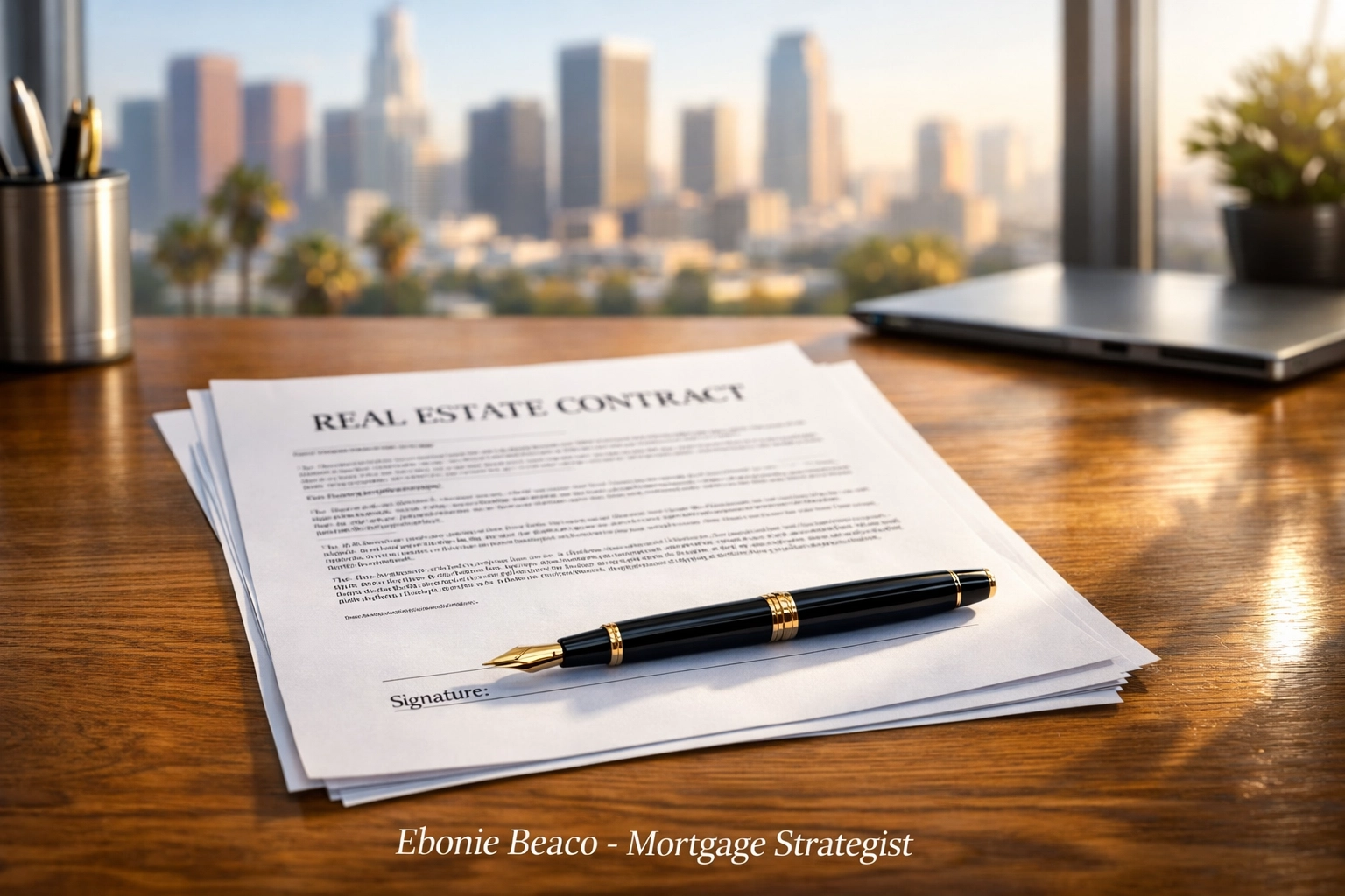 Real estate wholesale purchase agreement on a desk with a city view background.