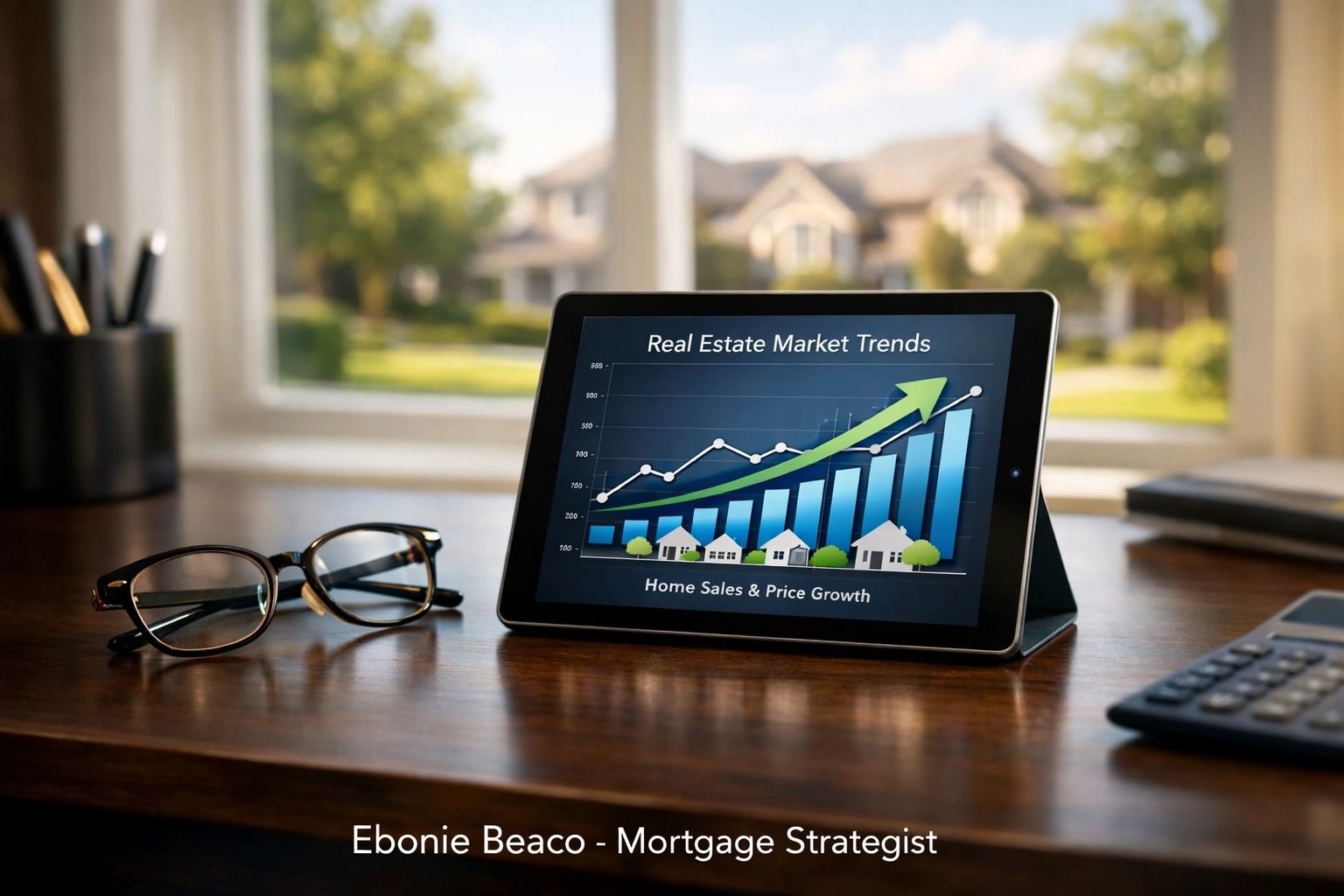 Home office with real estate growth charts helping homeowners plan a strategic HELOC application process.