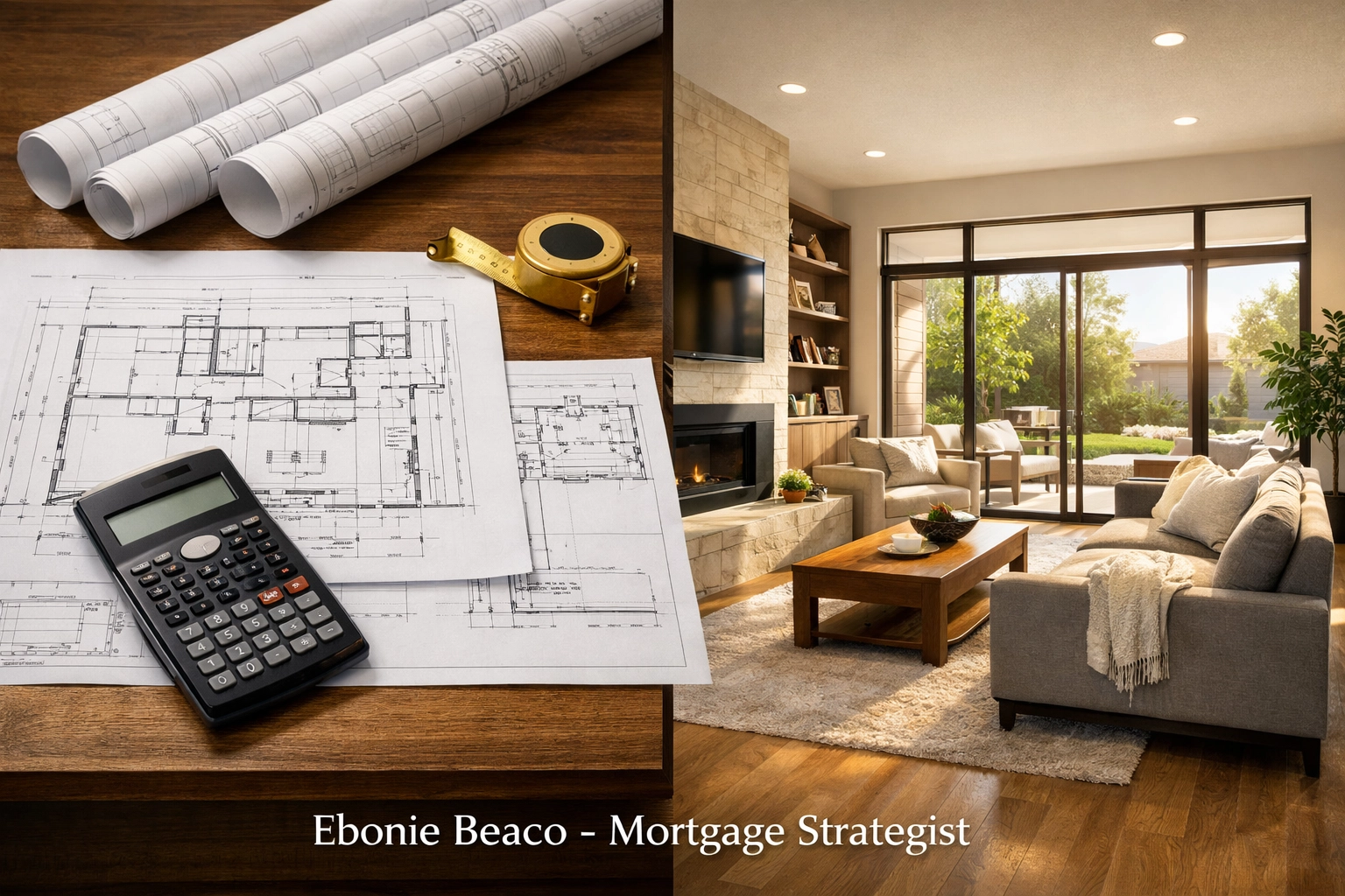 Blueprints and a calculator on a desk next to a modern living room showing HELOC renovation planning.