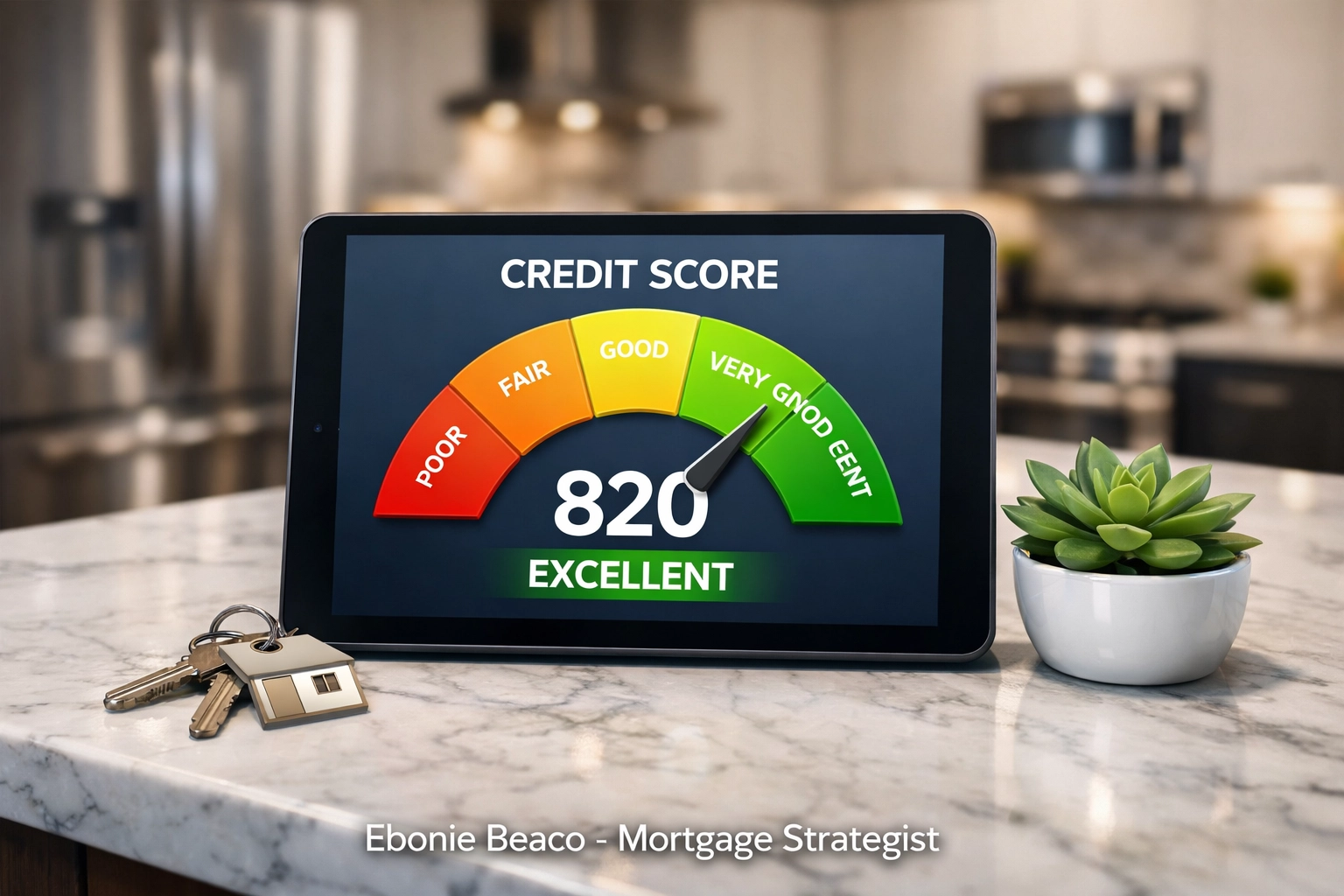 Tablet showing an excellent credit score meter and house keys, highlighting the financial benefits of a HELOC Blitz.