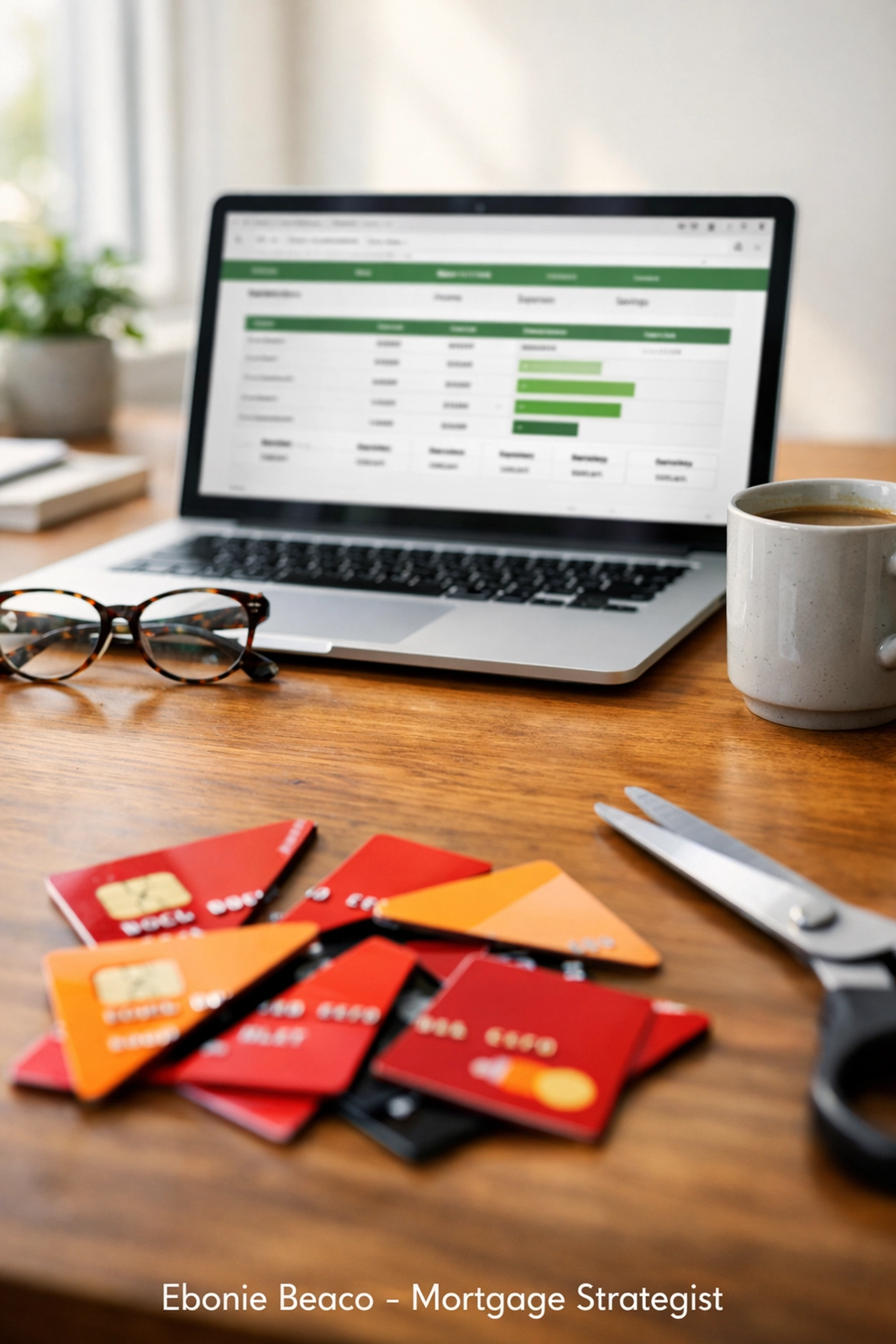 Financial spreadsheet and cut credit cards representing a Missouri HELOC debt consolidation strategy.