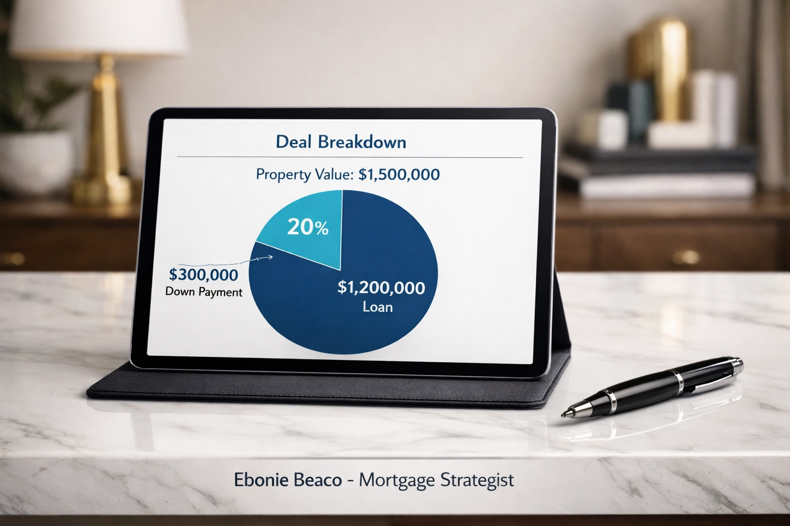 Financial breakdown of a luxury mortgage showing down payment and loan amounts for a $1.5M property.