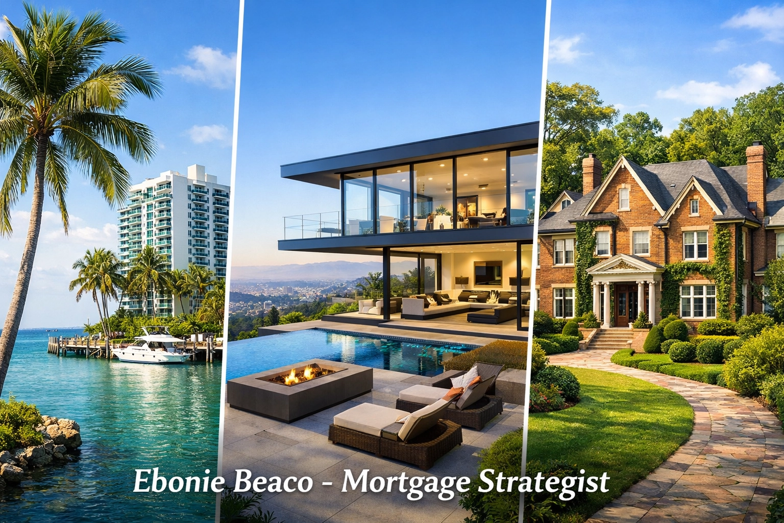 Collage of luxury homes in California, Florida, and Atlanta representing diverse jumbo loan markets.