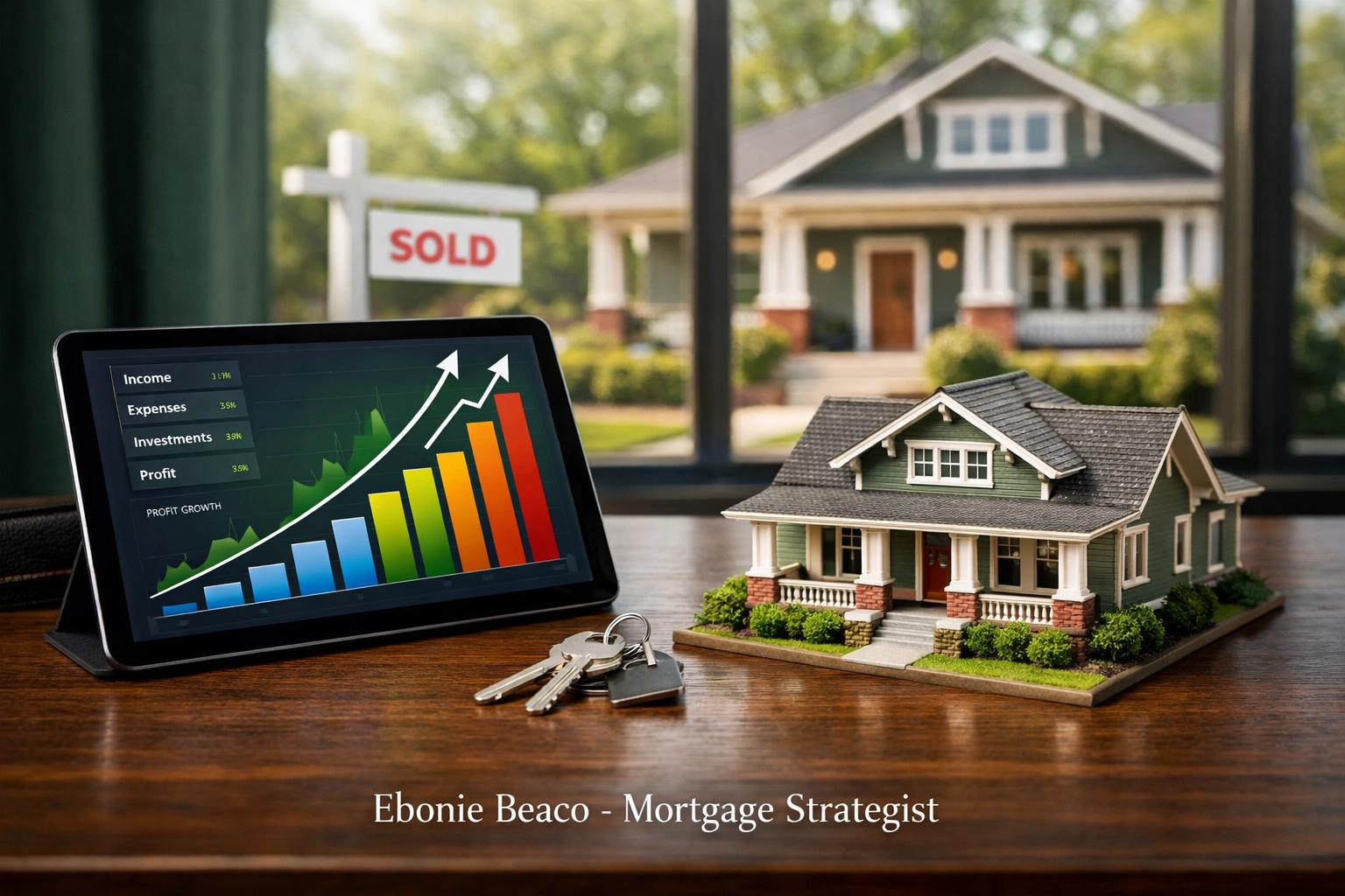 Financial chart showing Atlanta fix and flip loan profit projections next to a model bungalow and keys.
