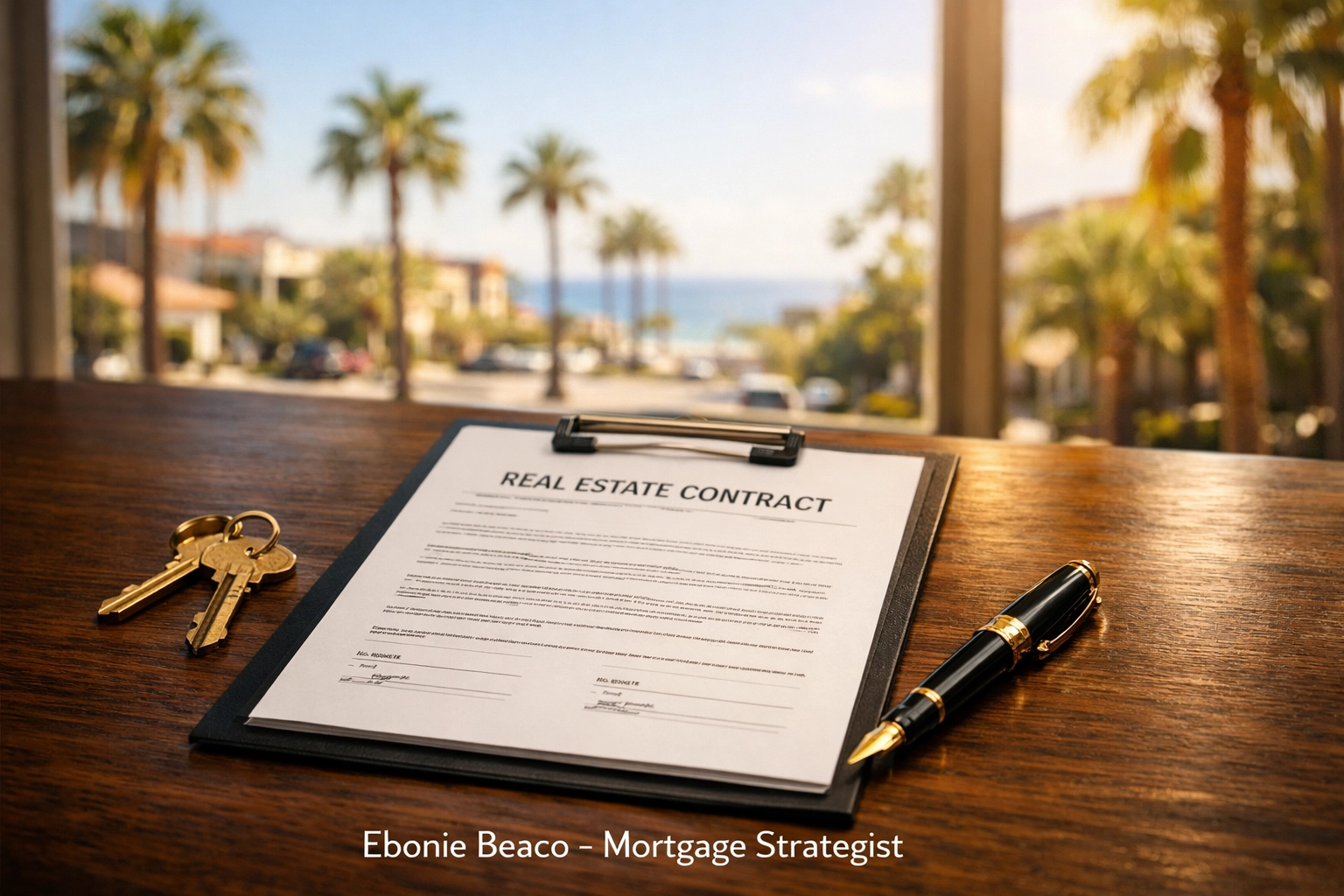 Real estate wholesaling contract and house keys on a desk, representing a legal property assignment deal.