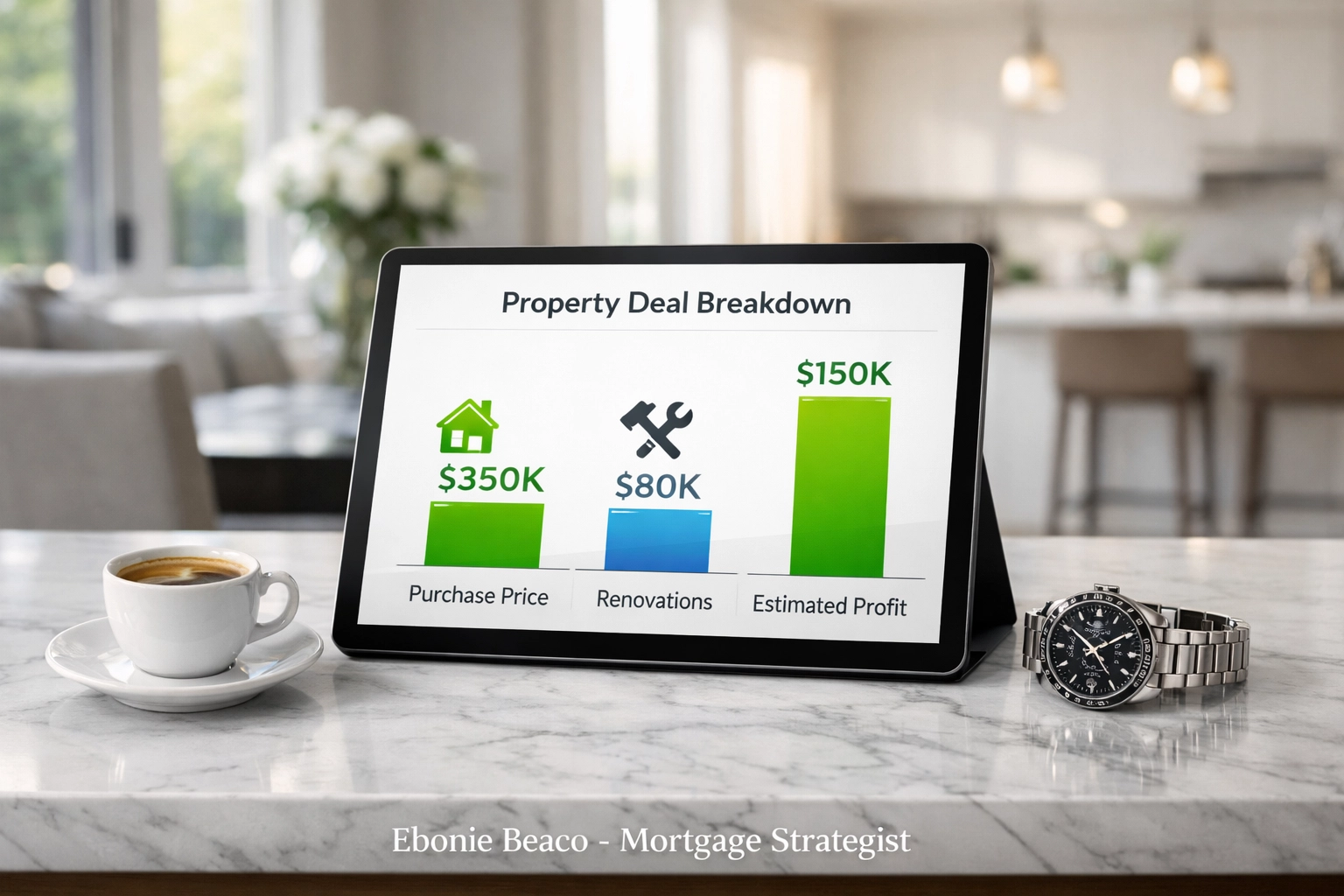 Tablet displaying a property deal analysis with profit projections for real estate investment wholesaling.