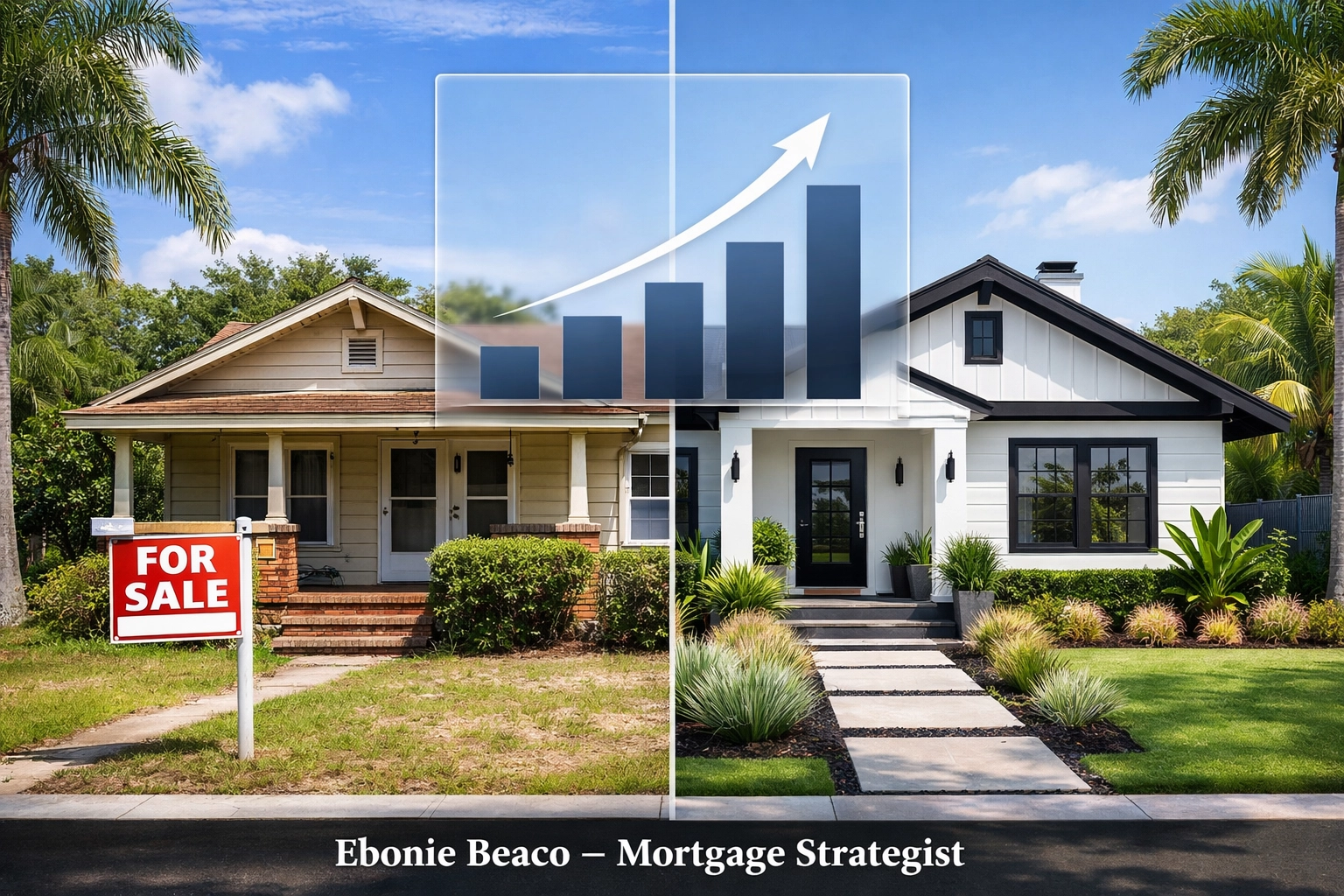 Before and after renovation of an investment property showing potential fix and flip profit margins.