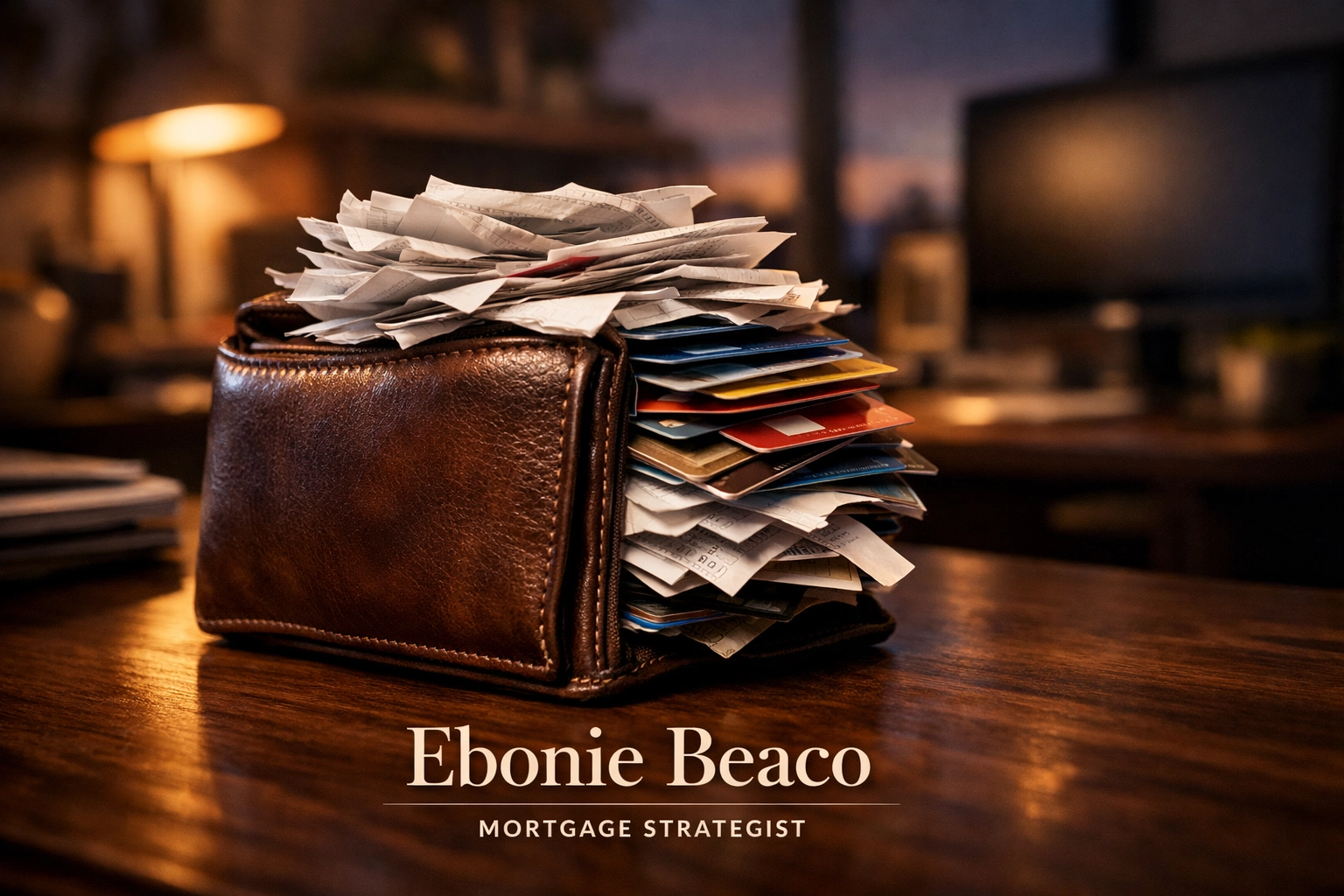 Wallet overflowing with credit cards and receipts representing high-interest debt and credit utilization.