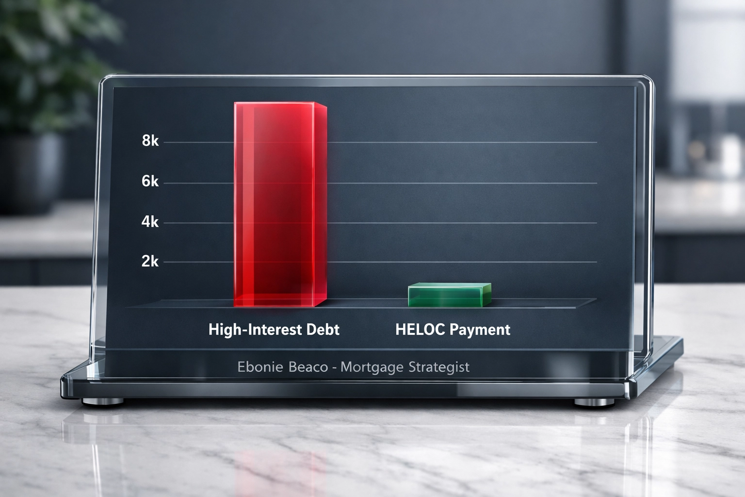 Financial chart comparing high-interest credit card payments to lower monthly HELOC interest payments.