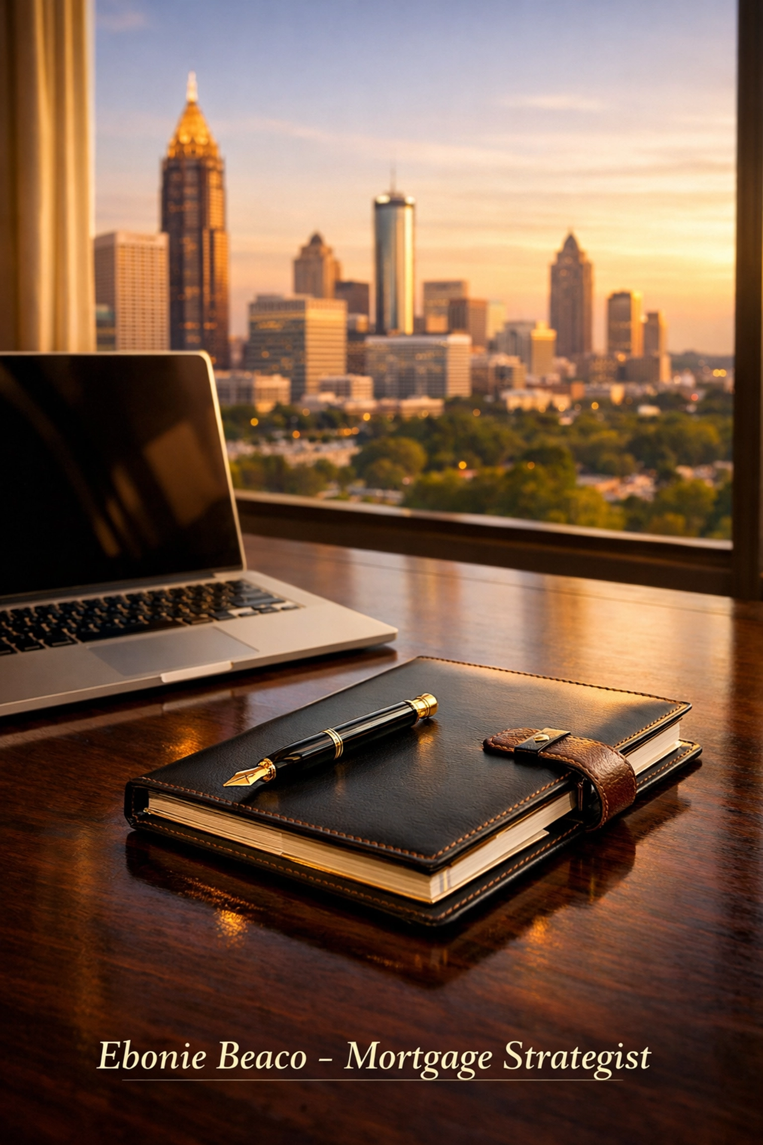 Financial planning for Atlanta jumbo loans shown on a luxury desk with an Atlanta skyline view.