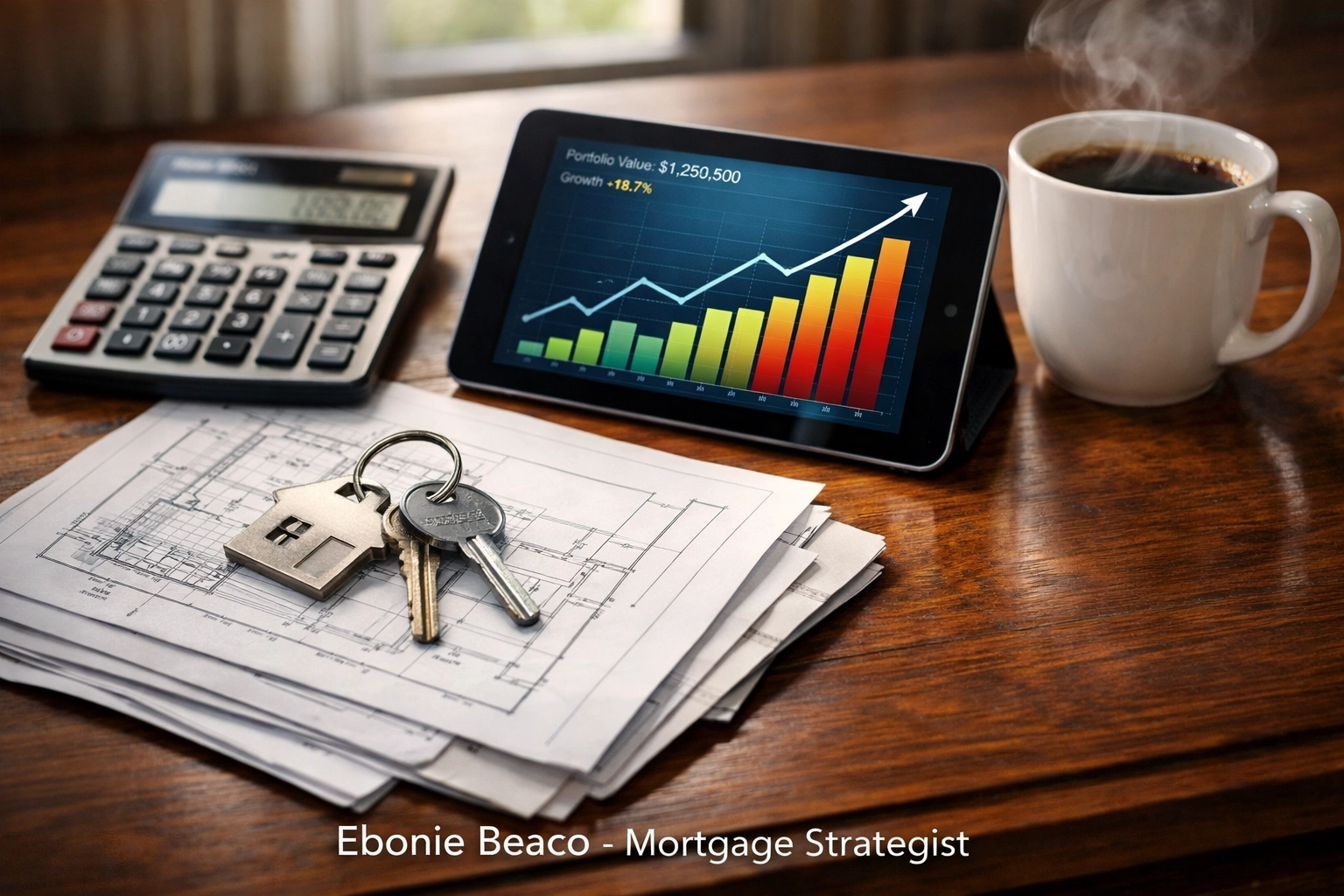 Investor workspace with house keys and financial charts for calculating fix and flip financing.