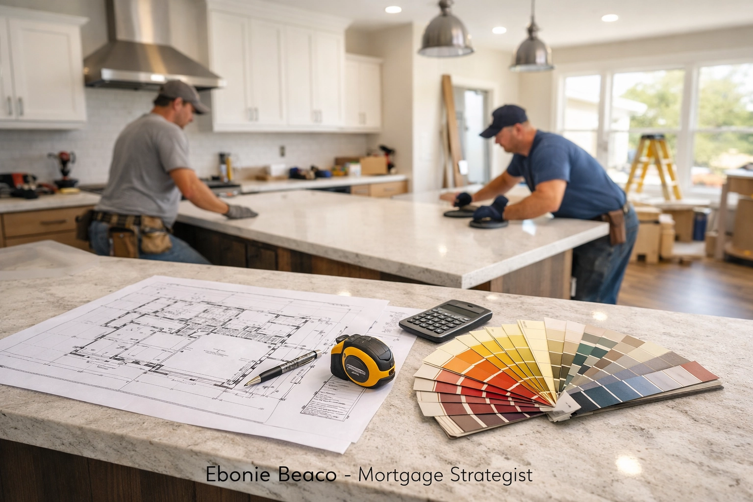 Kitchen renovation with blueprints, showing home improvements funded by a California HELOC.