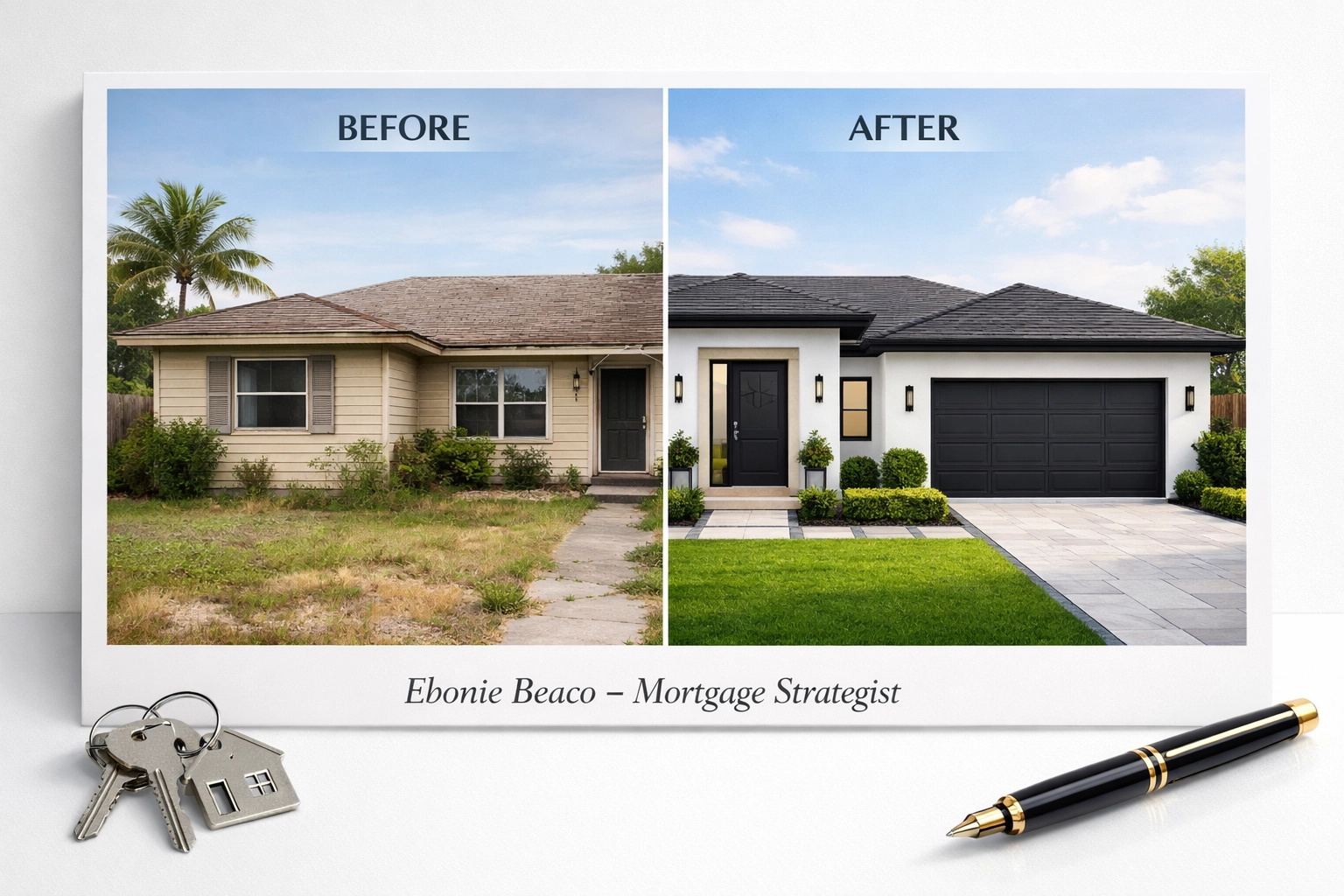 Before and after comparison of a distressed house and a renovated Florida home for a wholesale deal.