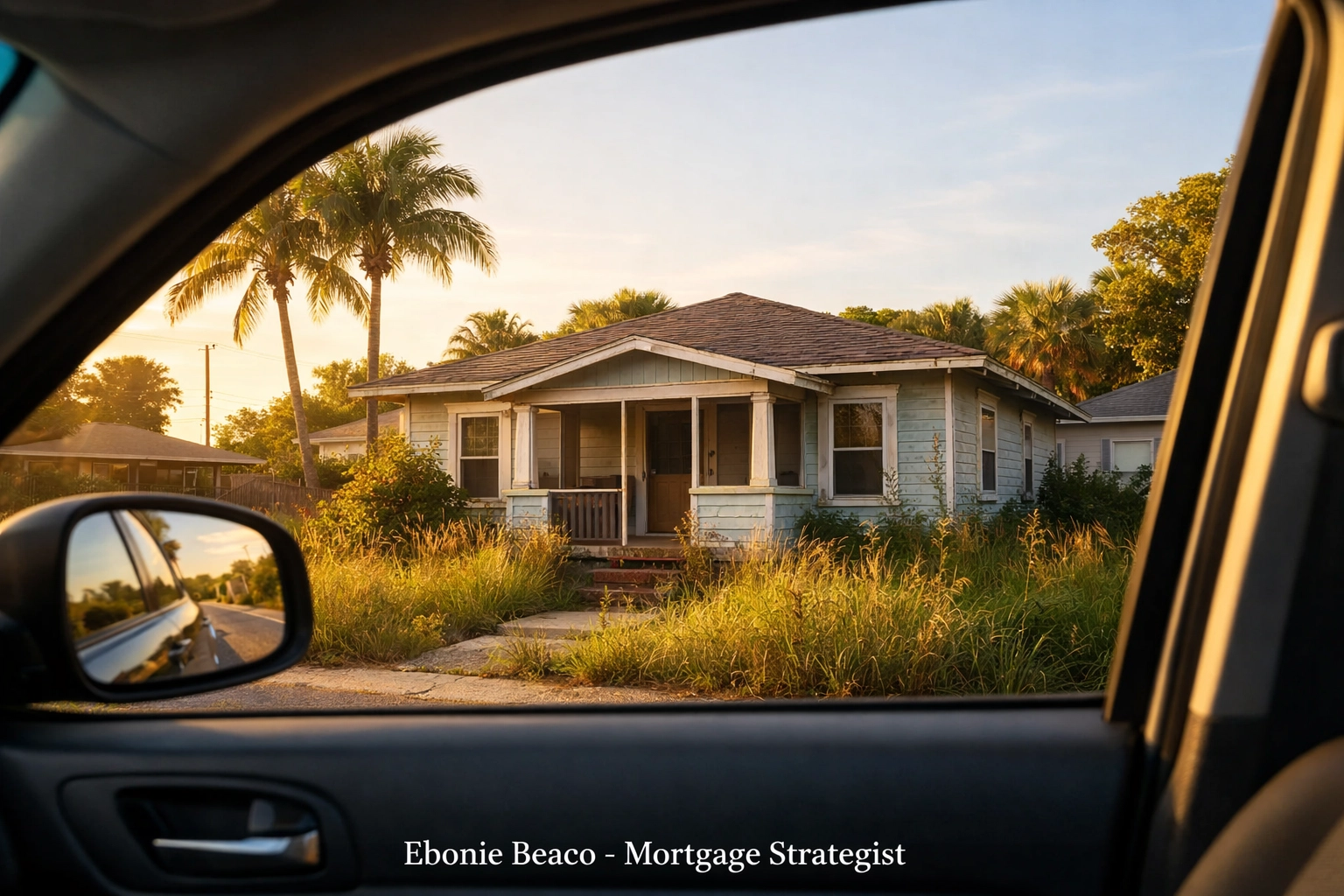 Distressed Florida bungalow with overgrown grass, a target for real estate wholesaling leads.