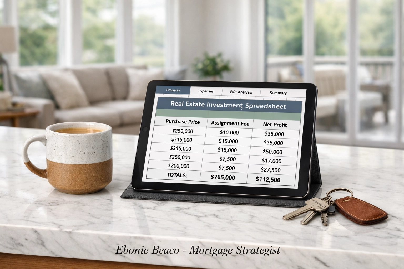 Real estate investment spreadsheet showing assignment fee and profit calculations for a wholesale deal.