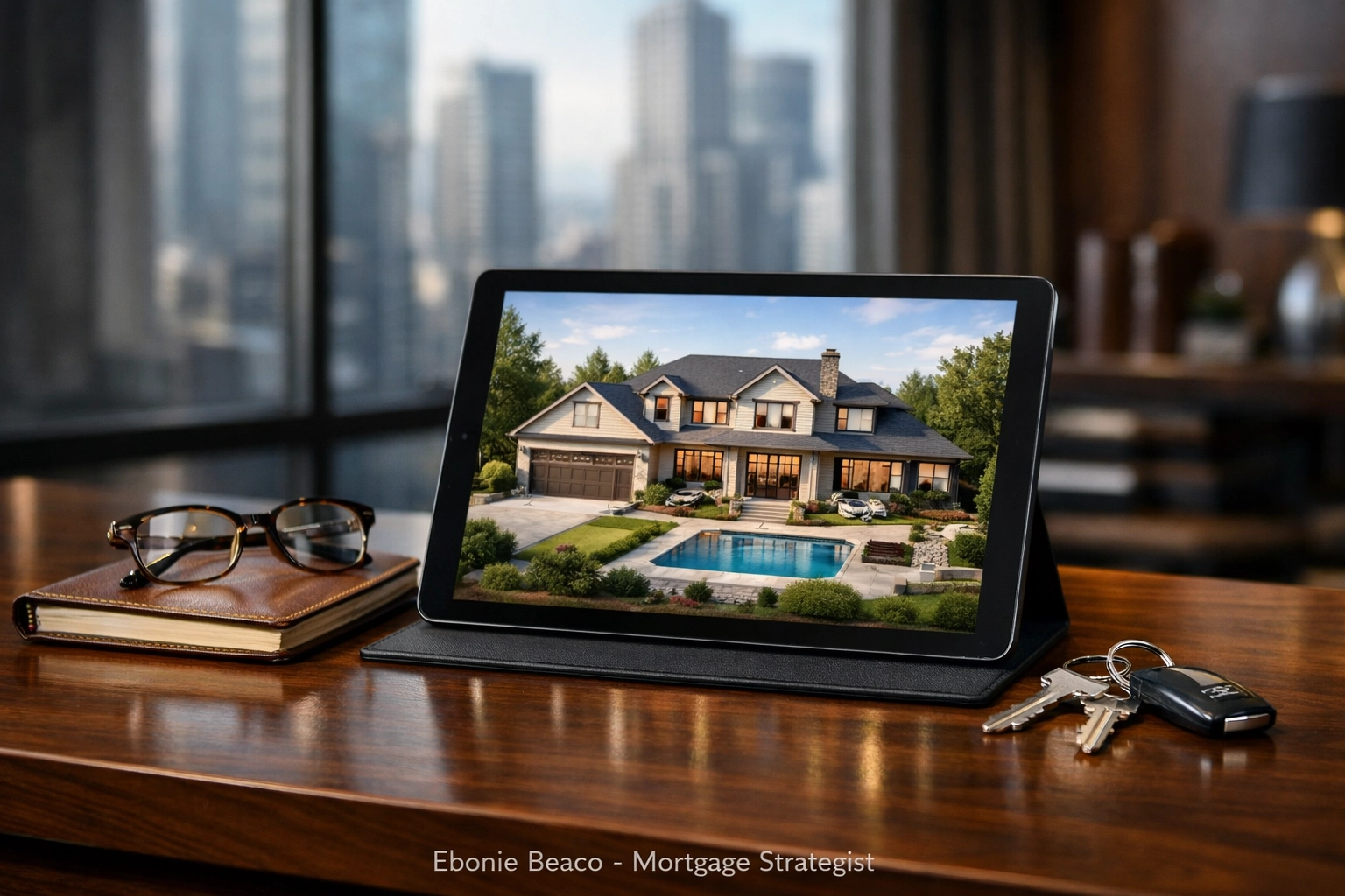 Professional home office setup with a property rendering, illustrating a streamlined wholesale disposition process.