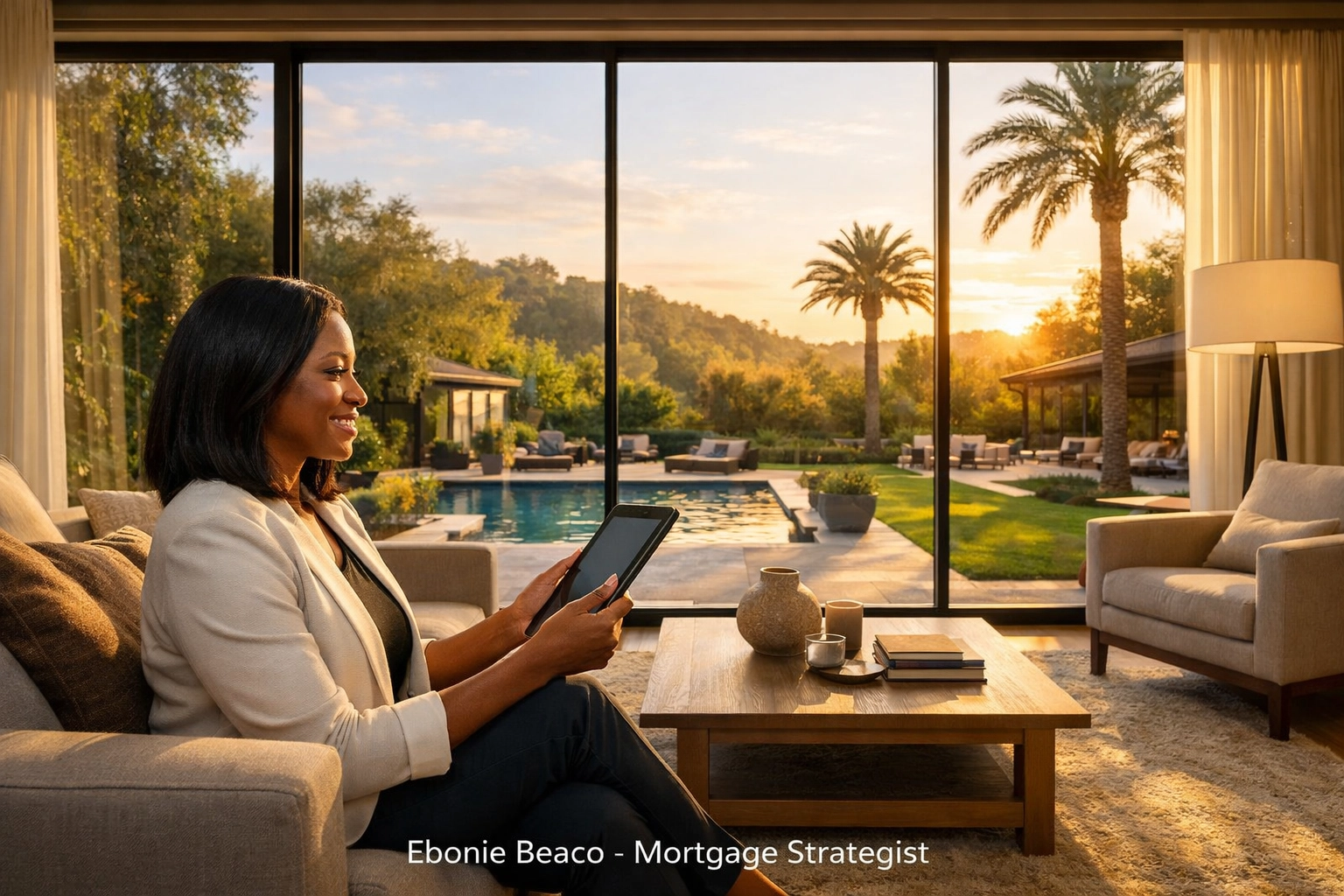 California homeowner comfortably accessing home equity online through a digital tablet in a modern living room.