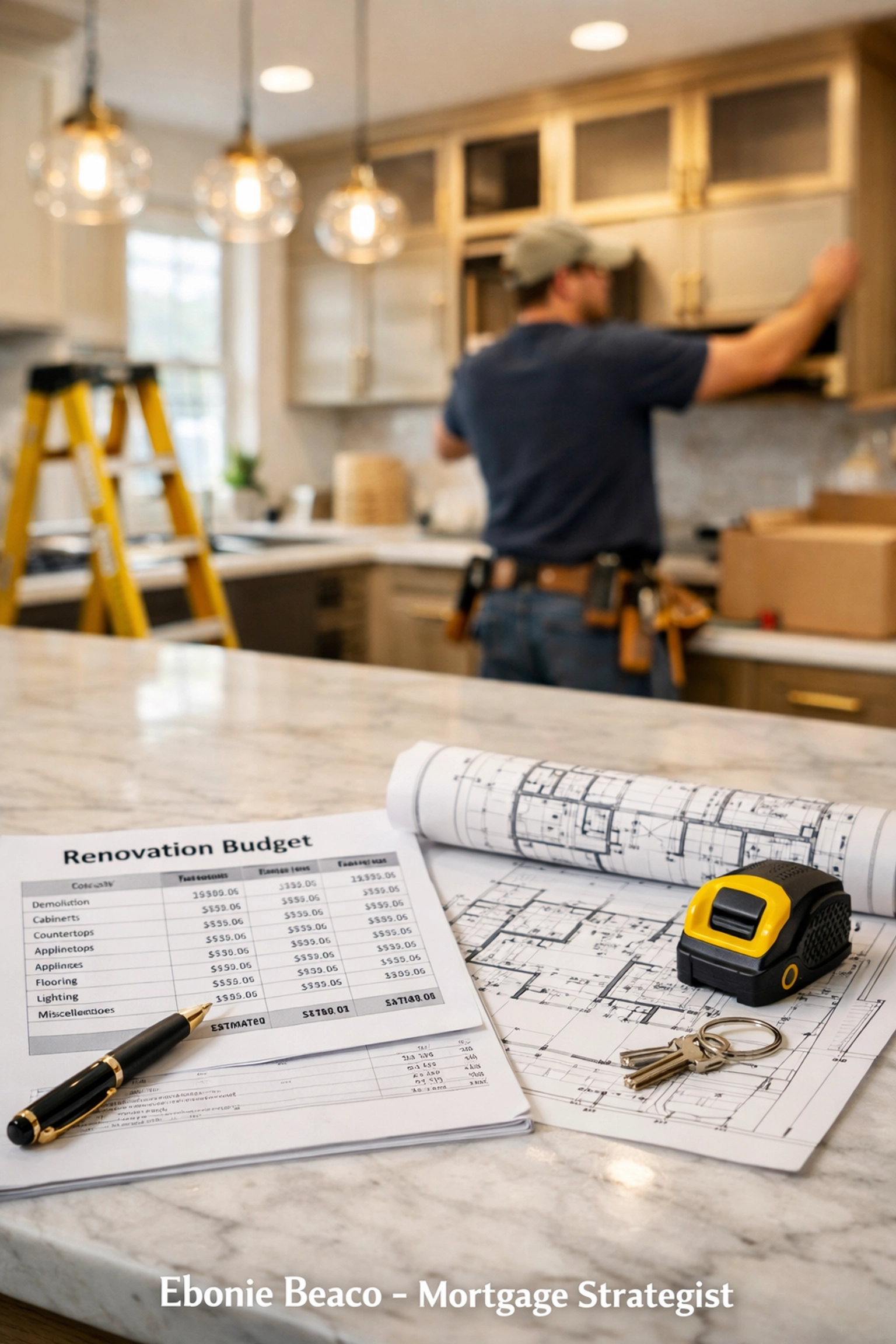 Modern kitchen renovation in progress with blueprints and budget for a California fix and flip loan.