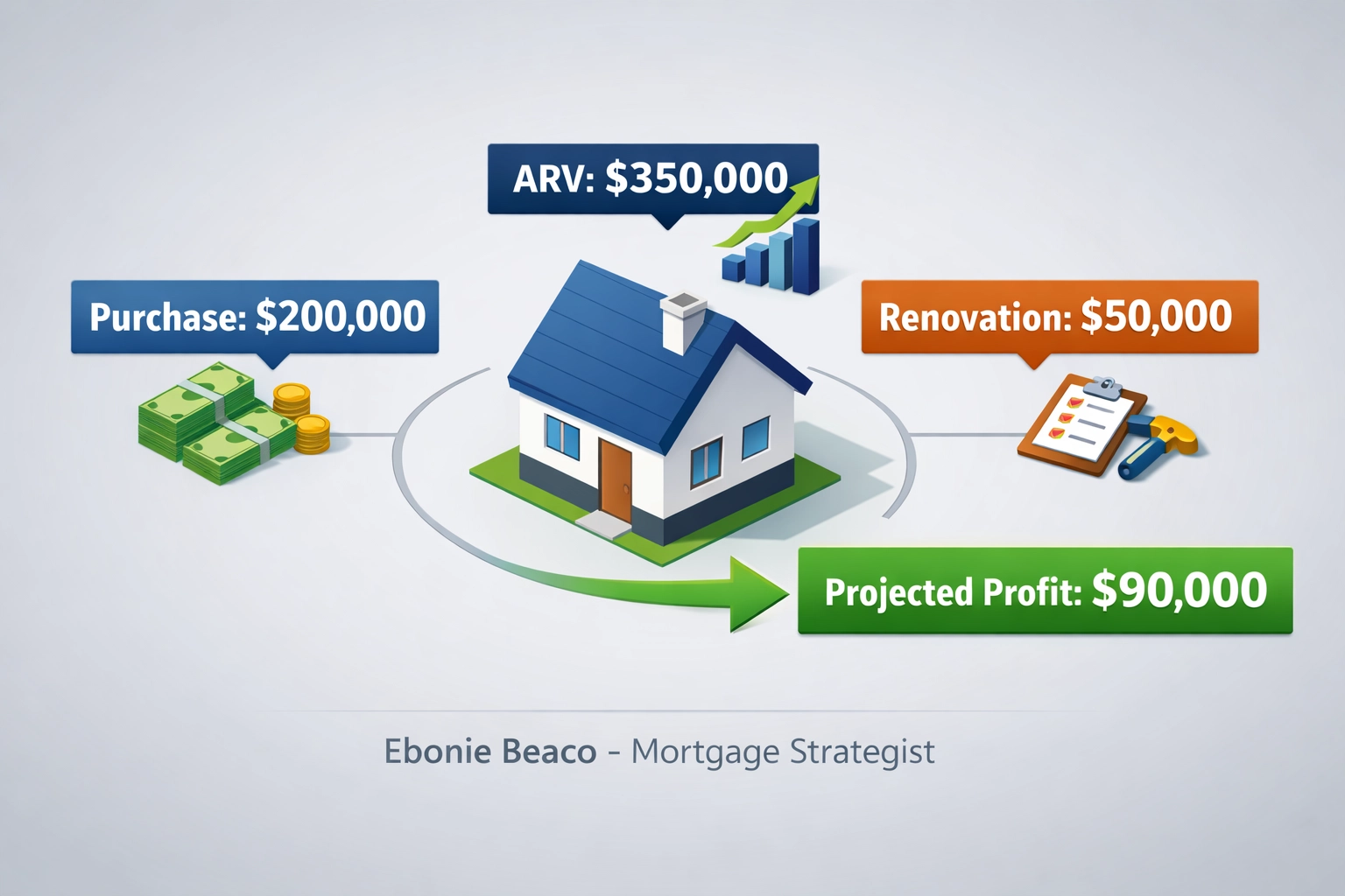 Real estate investment chart showing a wholesale deal breakdown with renovation costs and projected profit.