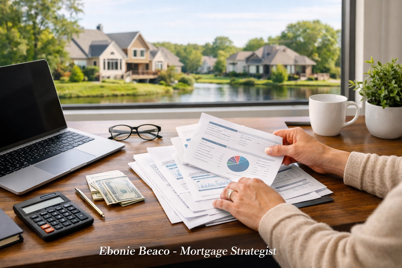 Organizing financial documents for a Michigan HELOC lender application in a bright home office.