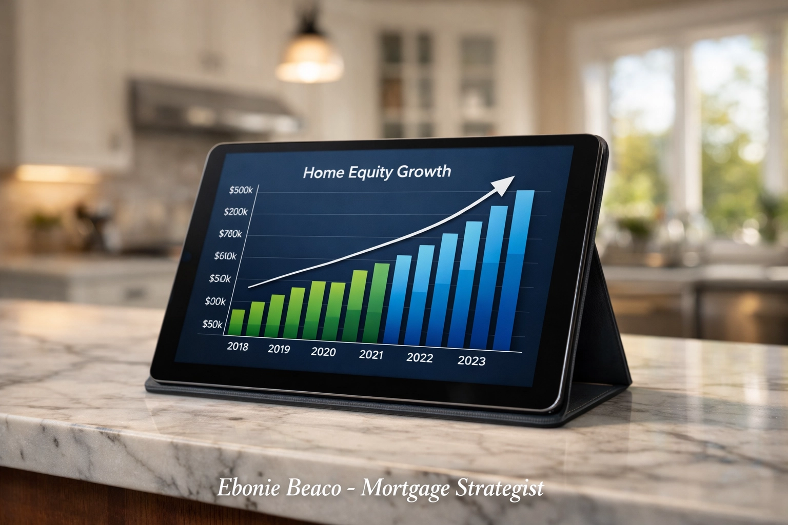 Home equity growth chart on a tablet in a luxury Michigan kitchen showing HELOC limits.
