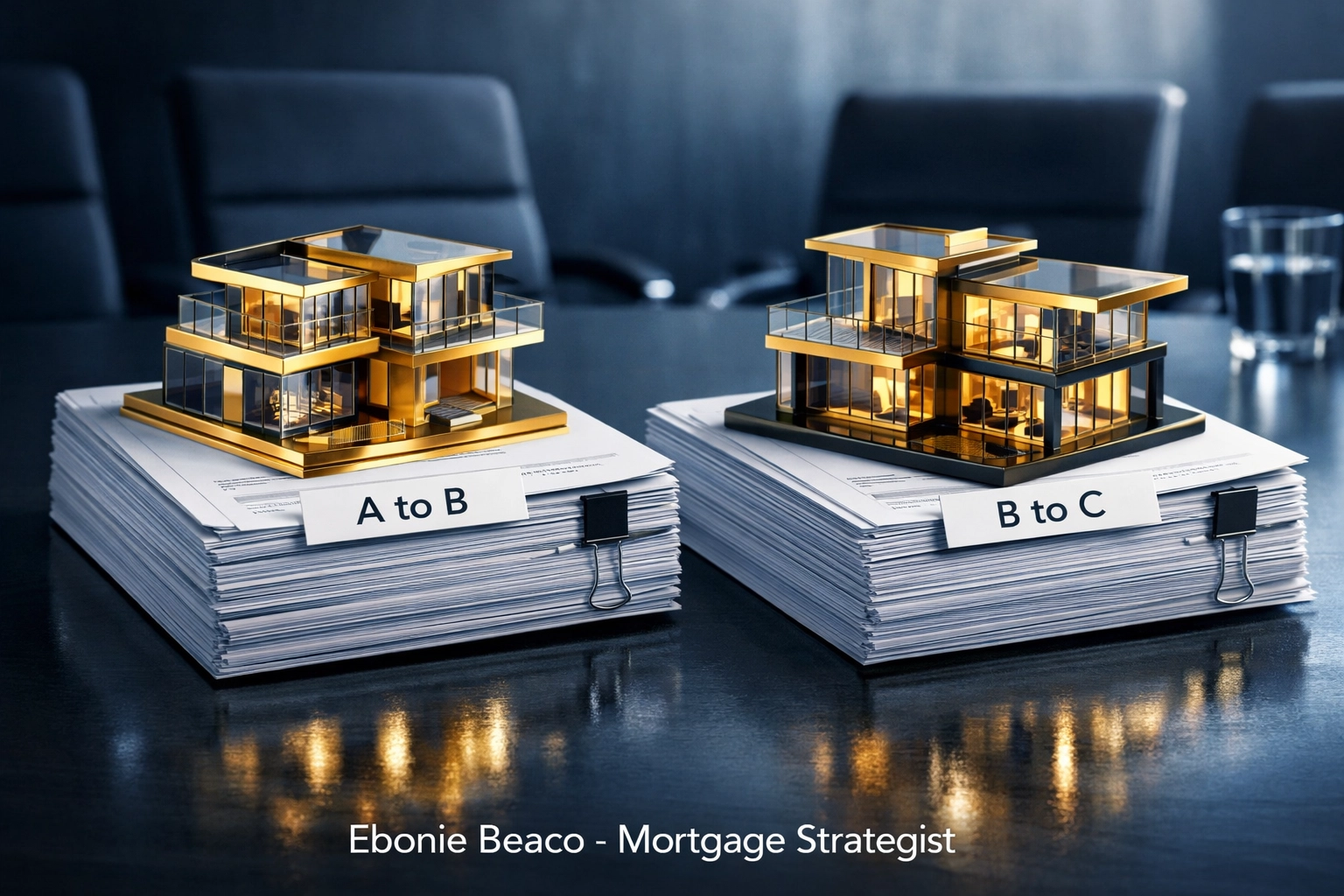 Miniature houses and documents illustrating the double closing process for real estate wholesale deals.