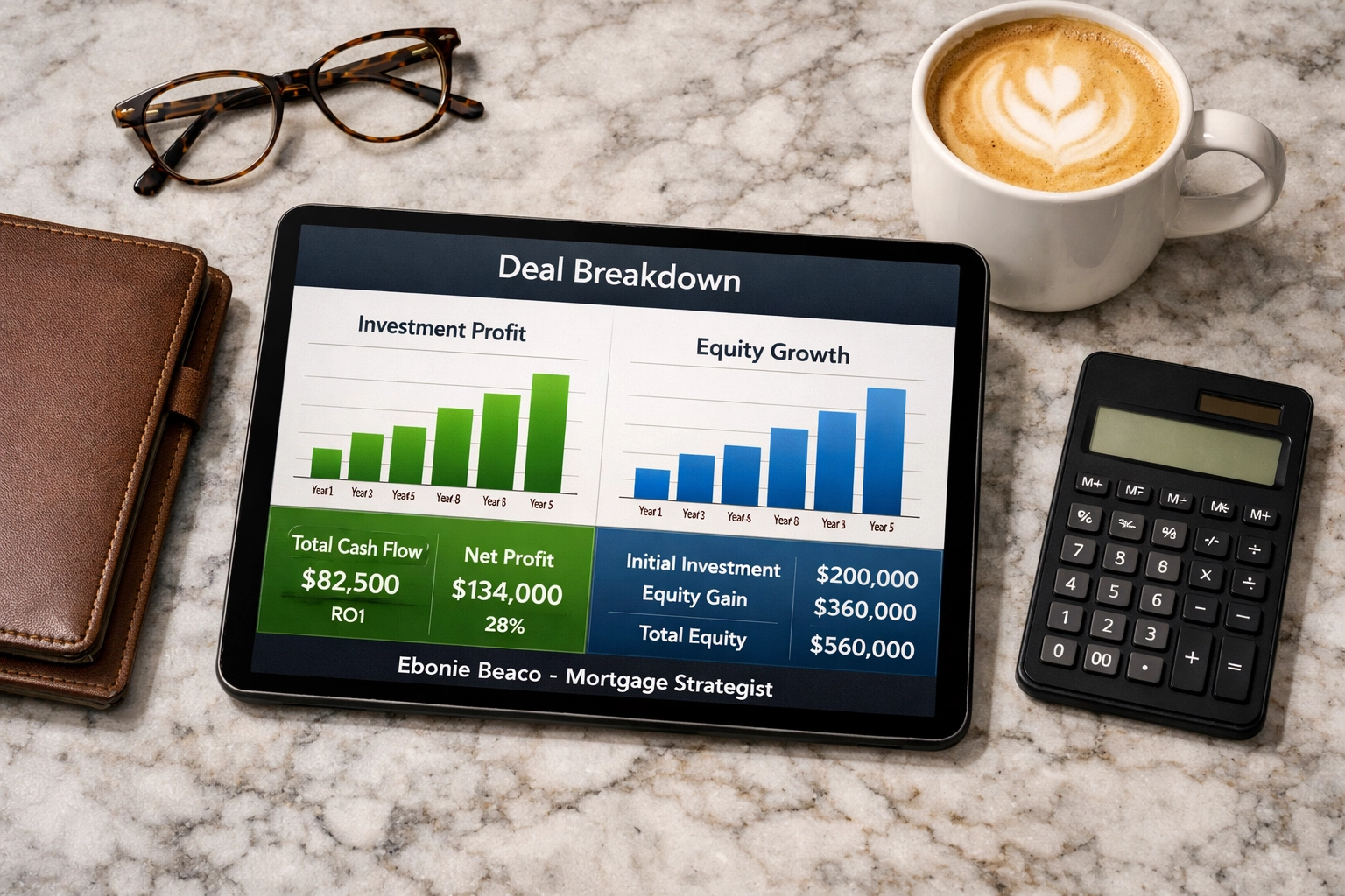 Investor's financial chart on a tablet showing assignment fee profits and real estate deal breakdowns.
