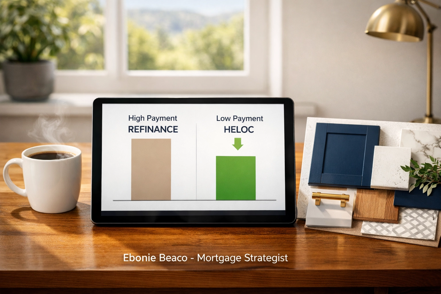 Comparison chart on a tablet showing lower monthly payments for a HELOC versus a cash-out refinance for home repairs.