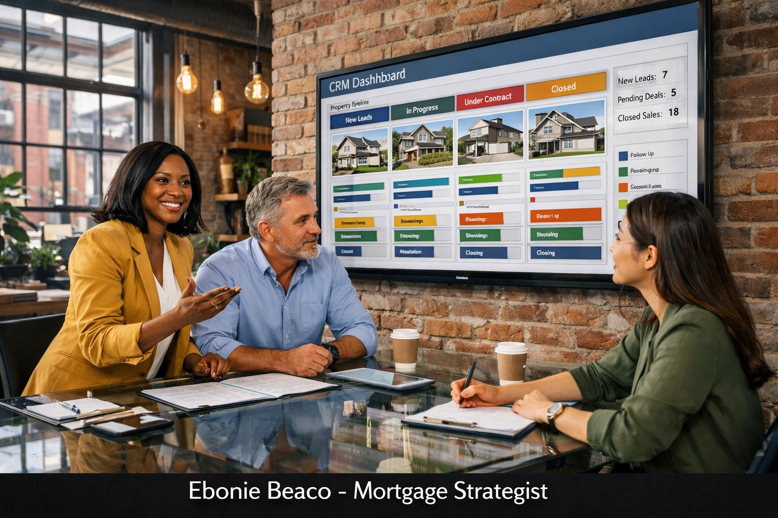 Real estate investment team analyzing Atlanta wholesale deals on a professional CRM dashboard.