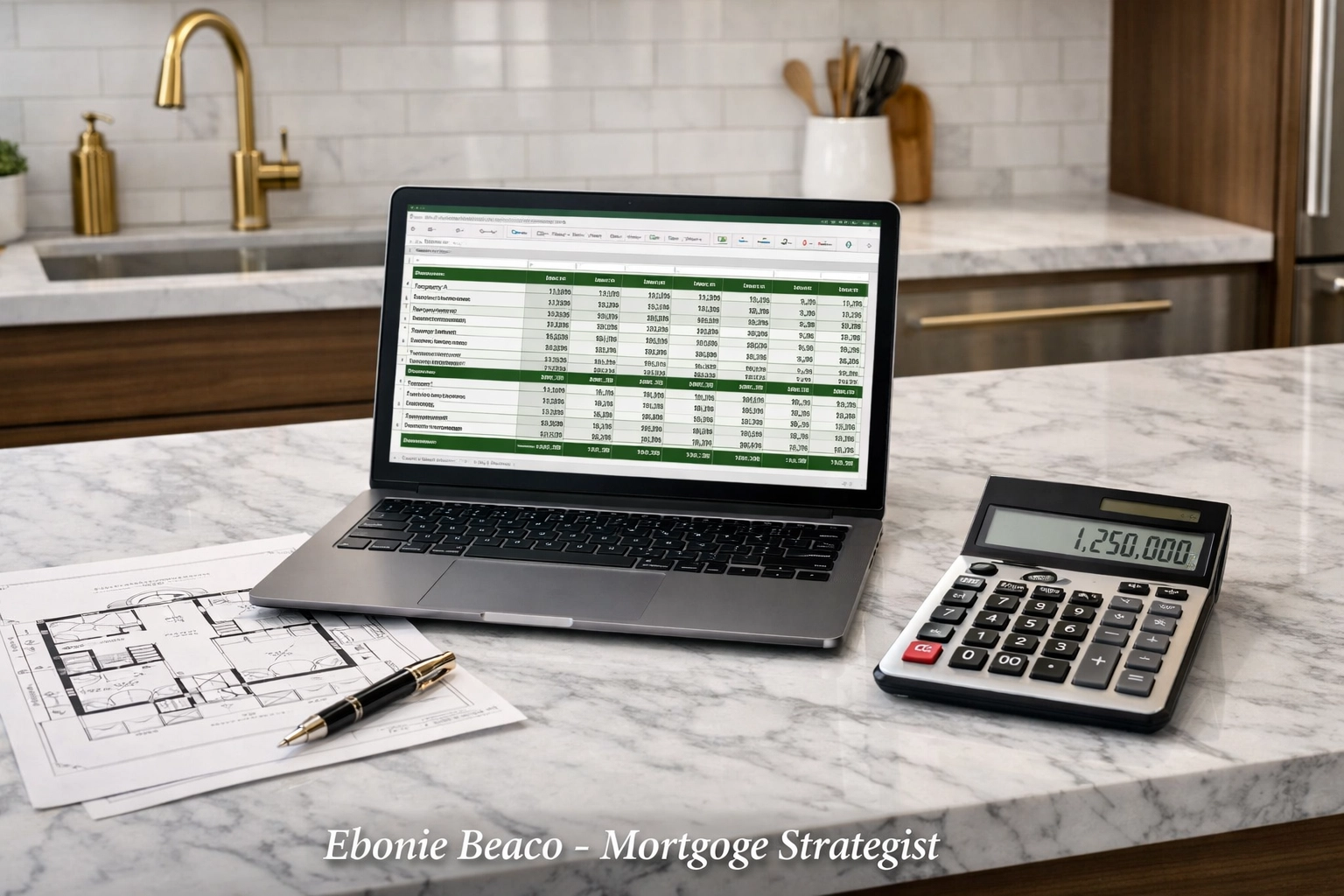 Financial analysis of a real estate investment portfolio with spreadsheets and property floor plans.