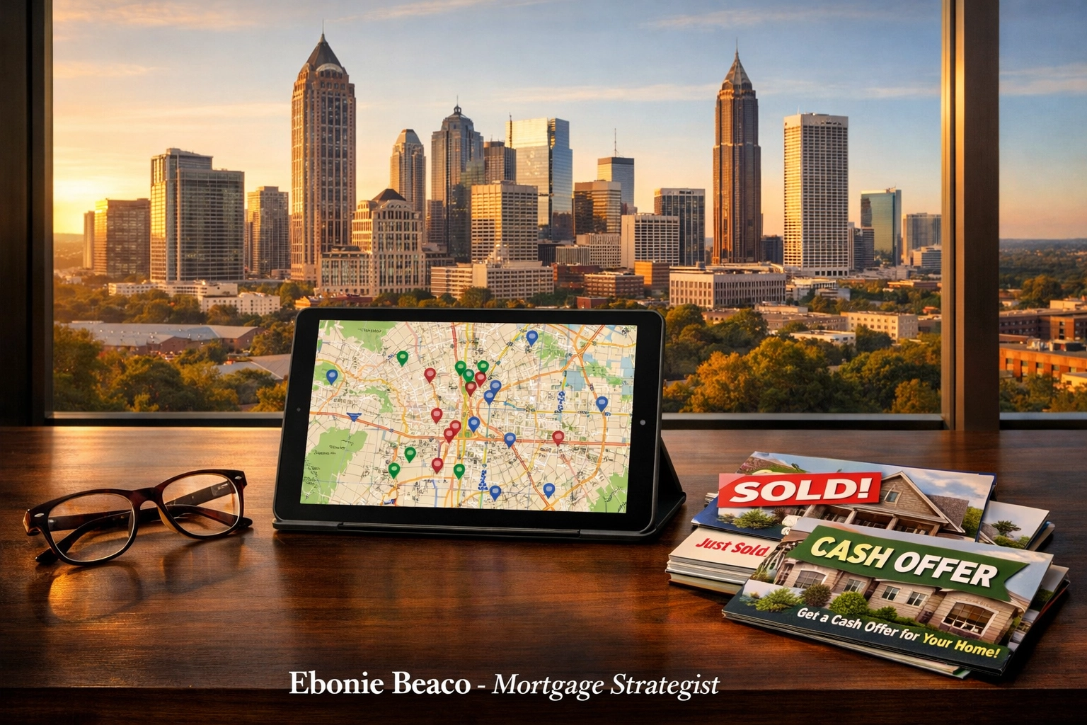 Real estate investment professional's desk with Atlanta property map and wholesale marketing postcards.