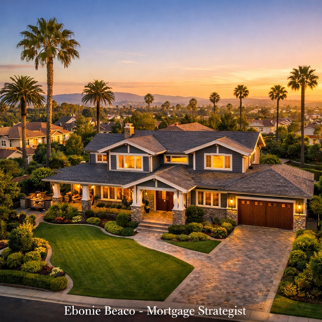 Luxury California suburban home at sunset representing high property values for a California HELOC strategy.