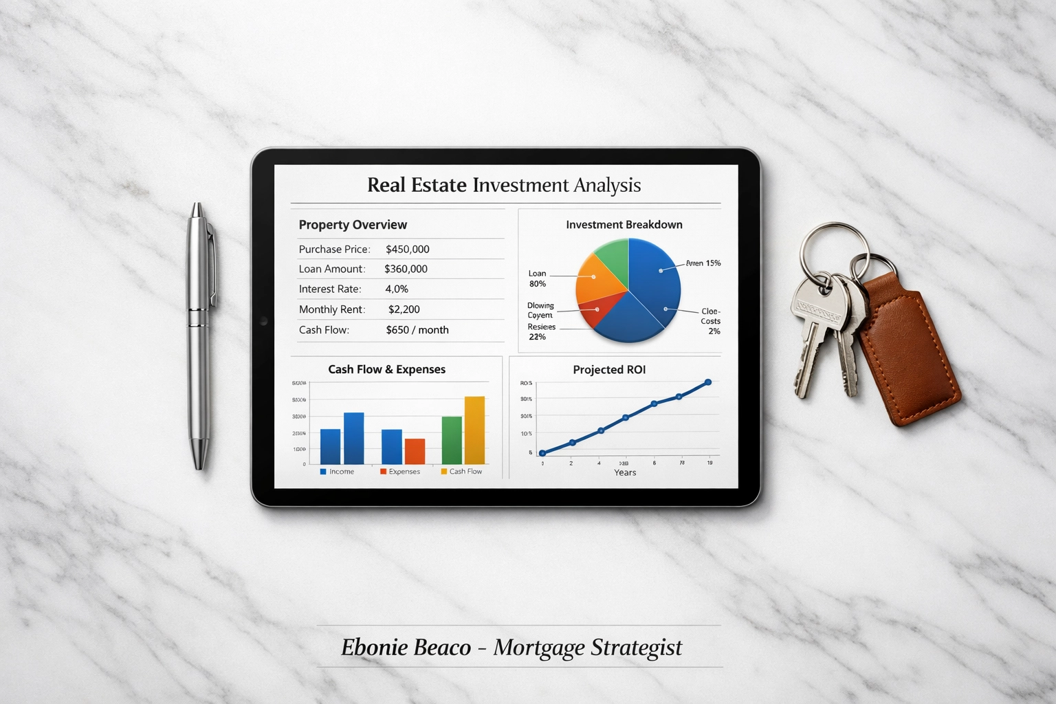 Investment analysis on a tablet next to house keys, representing successful real estate wholesaling calculations.