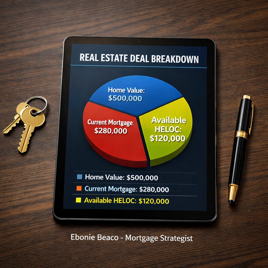 Tablet displaying a property equity analysis and HELOC calculation for Virginia and Michigan homeowners.