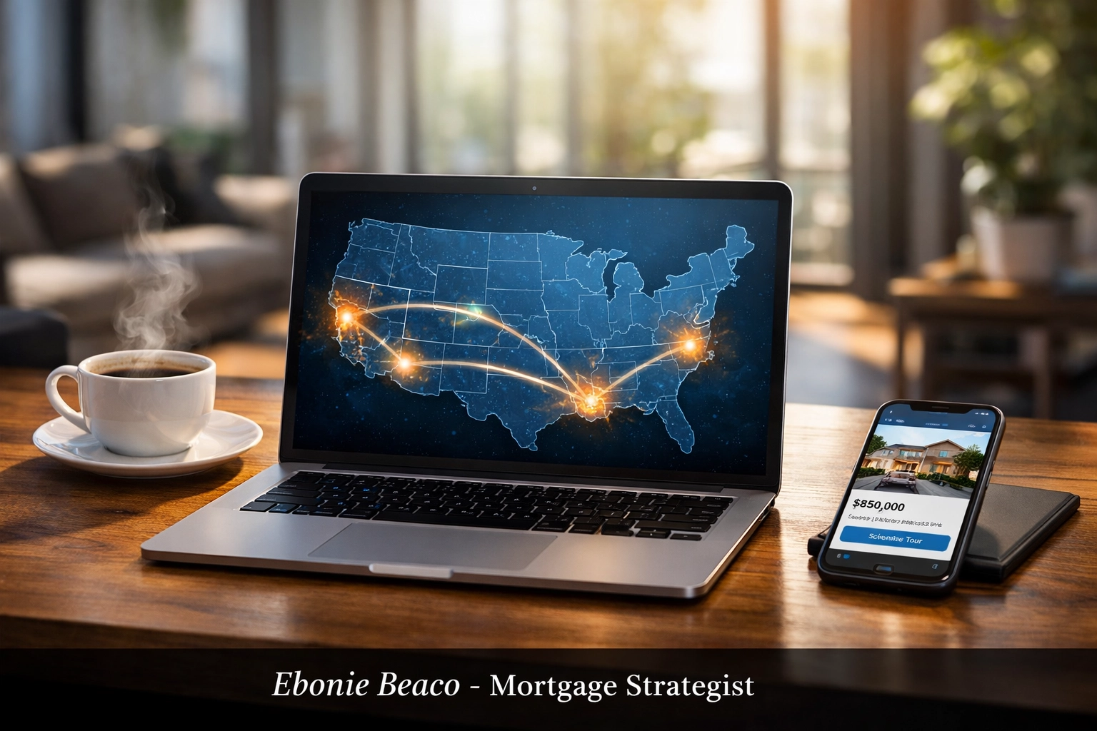 Digital map on a laptop illustrating real estate wholesale logistics across Florida, Georgia, and California.