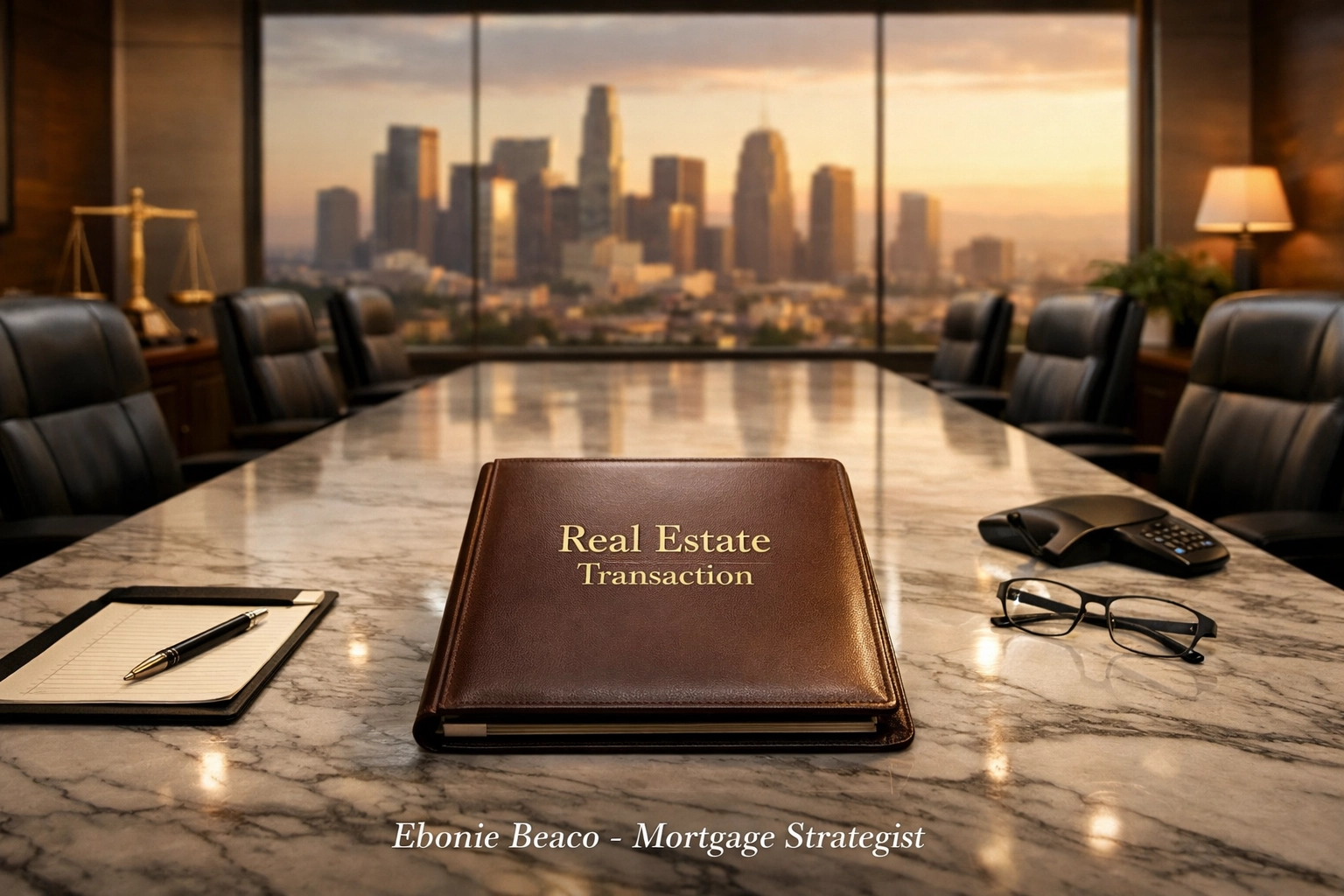 Professional real estate transaction documents in a title company office overlooking the city skyline.