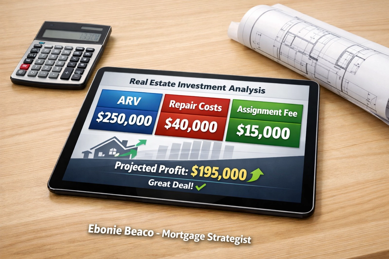 Real estate investment analysis on a tablet showing assignment fee and ARV calculations for wholesale deals.