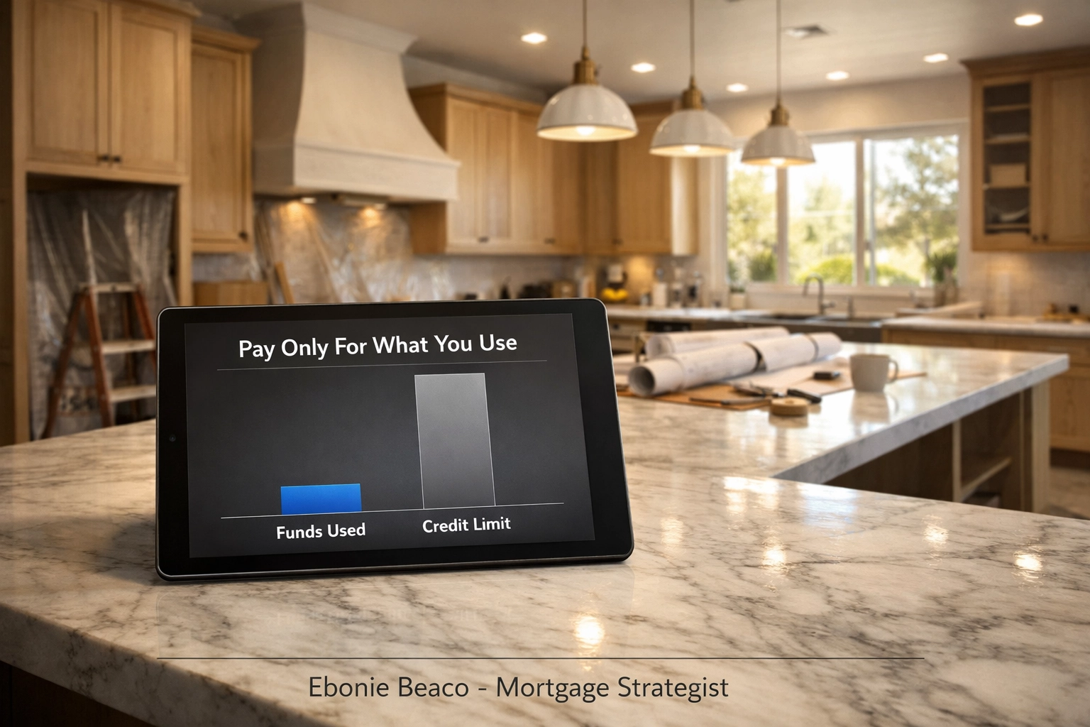 Modern kitchen renovation showing a HELOC financial chart for home equity credit usage.