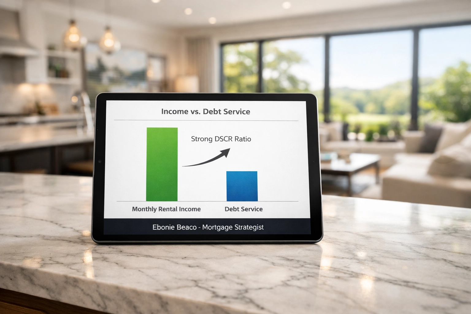 DSCR investor loan financial chart on a tablet inside a renovated Atlanta investment property.