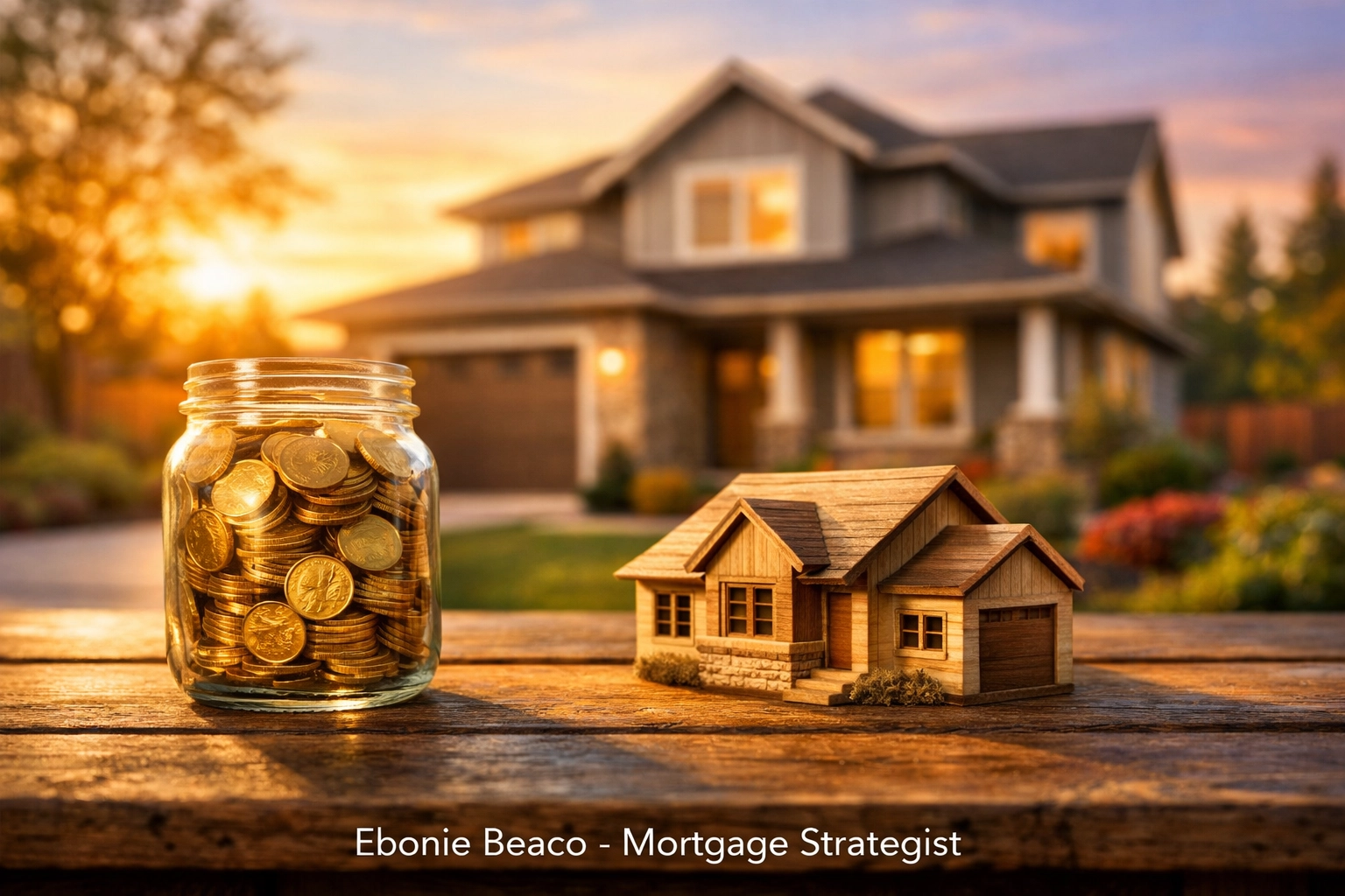 Suburban home at sunrise with coins in a jar, symbolizing stored home equity wealth for debt reduction.
