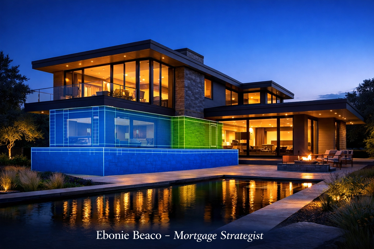 Modern home with graphic showing a primary mortgage and a secondary HELOC layer for smart equity financing.