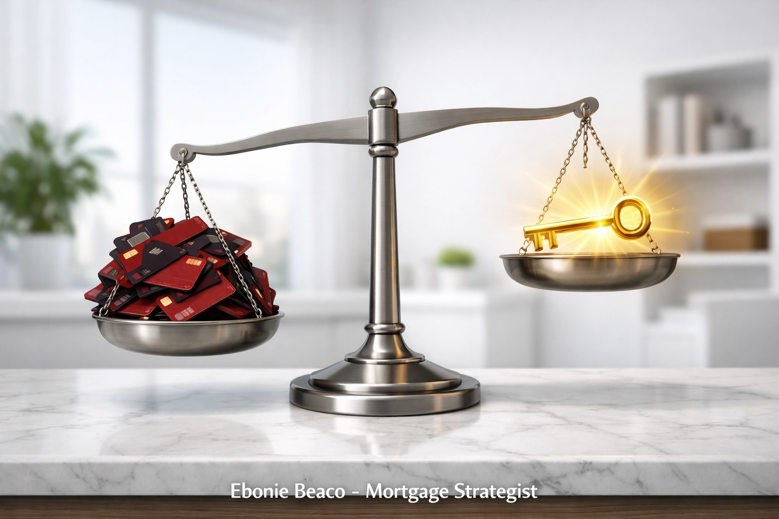 Balance scale lifting credit card debt with a golden key, illustrating monthly bill savings using a HELOC.