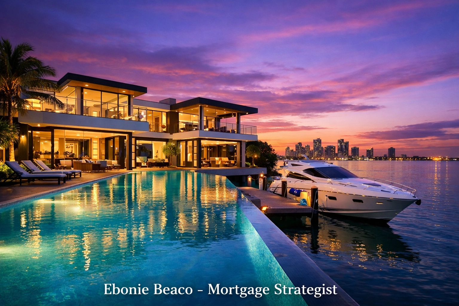Luxury Miami waterfront mansion at sunset representing high-balance Florida jumbo loan property options.
