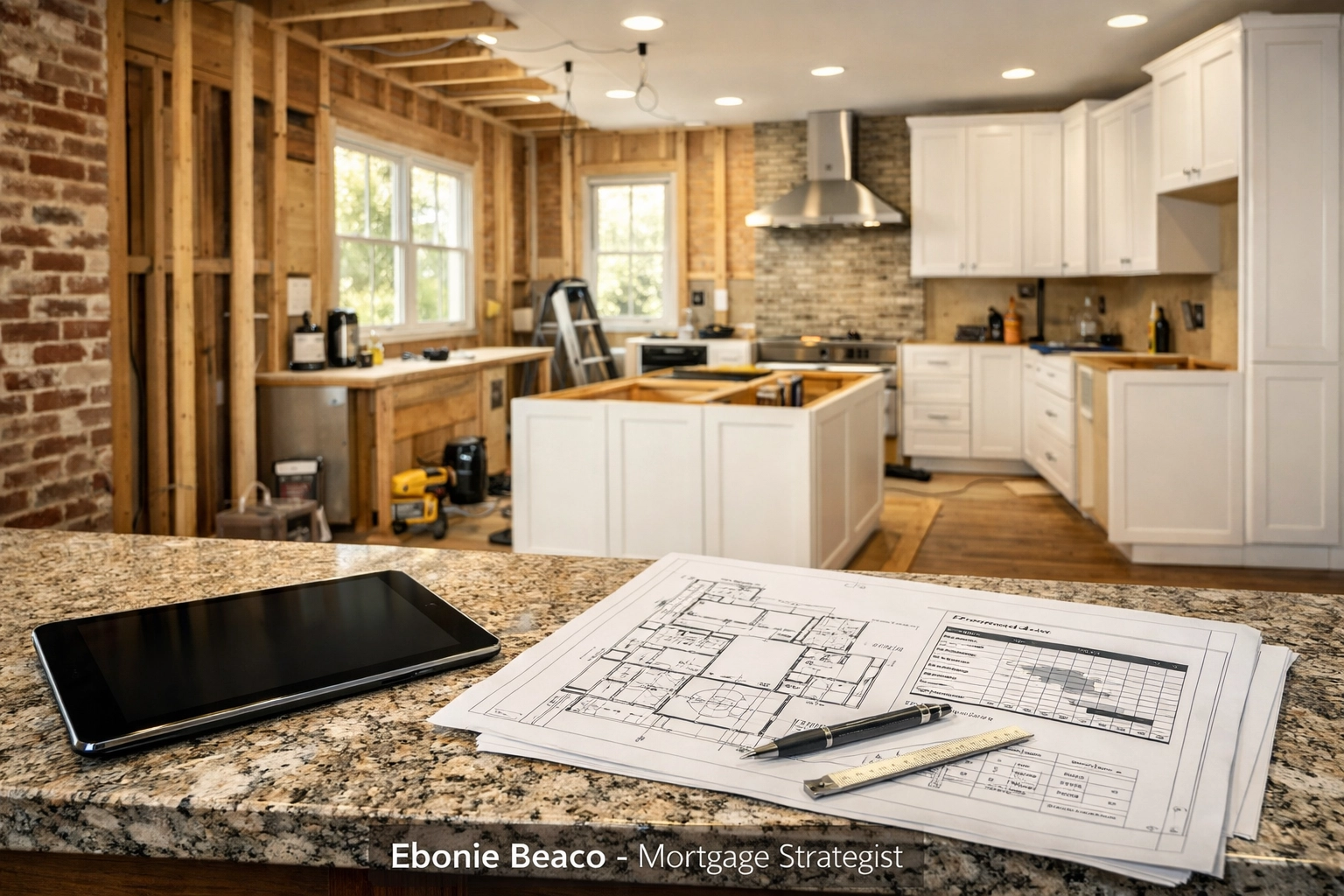 Modern kitchen renovation in progress for an Atlanta fix and flip property with renovation blueprints.