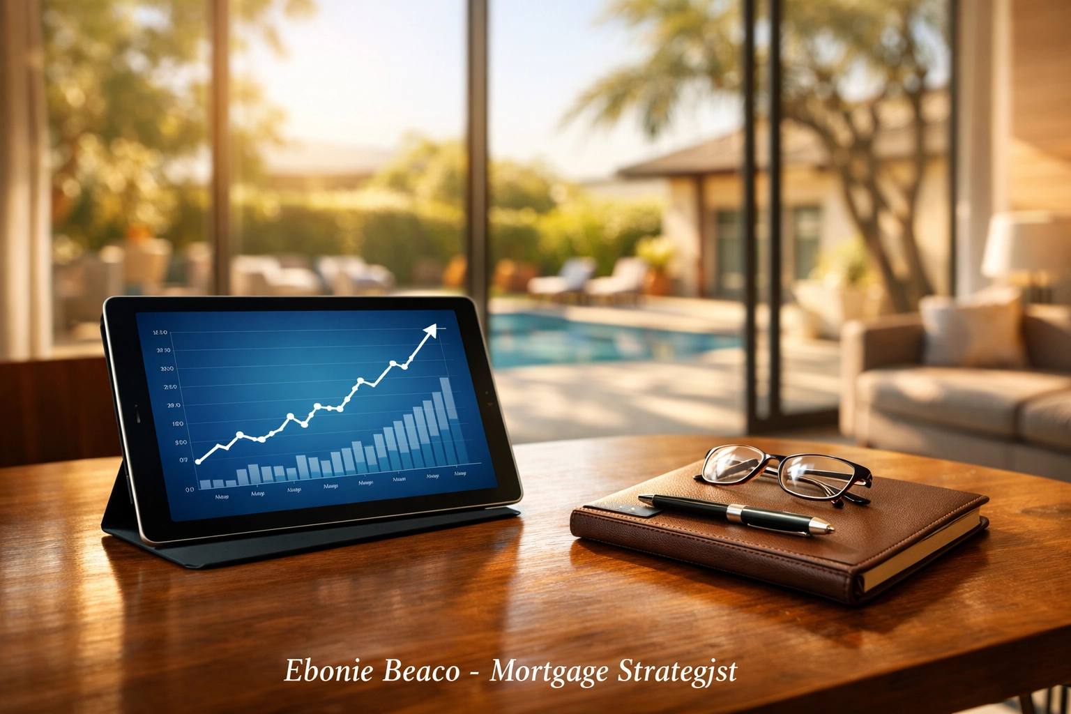 Modern California home interior showing a tablet with rising financial equity growth charts.