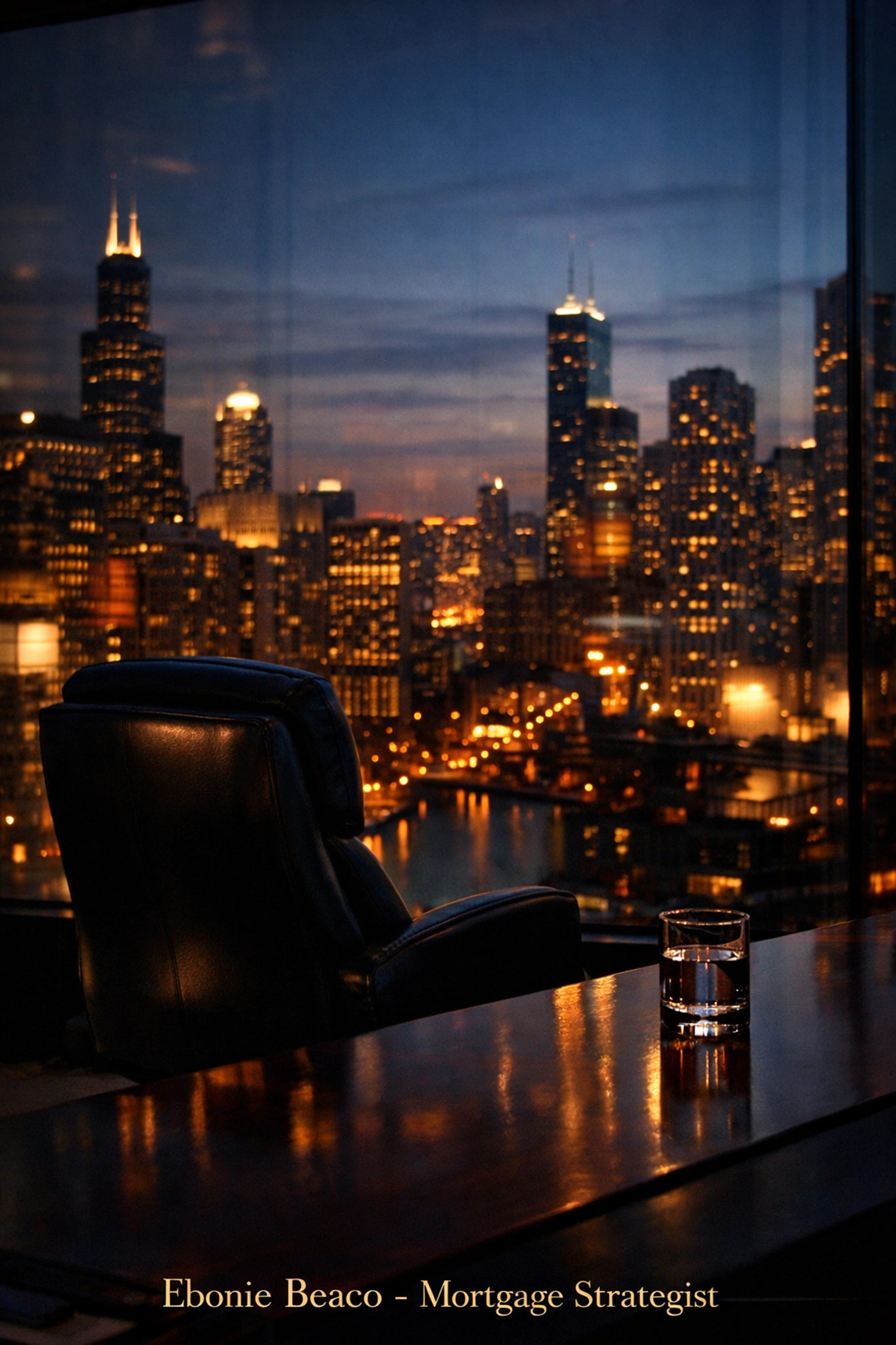 View of downtown Chicago skyline from a professional executive office during dusk.